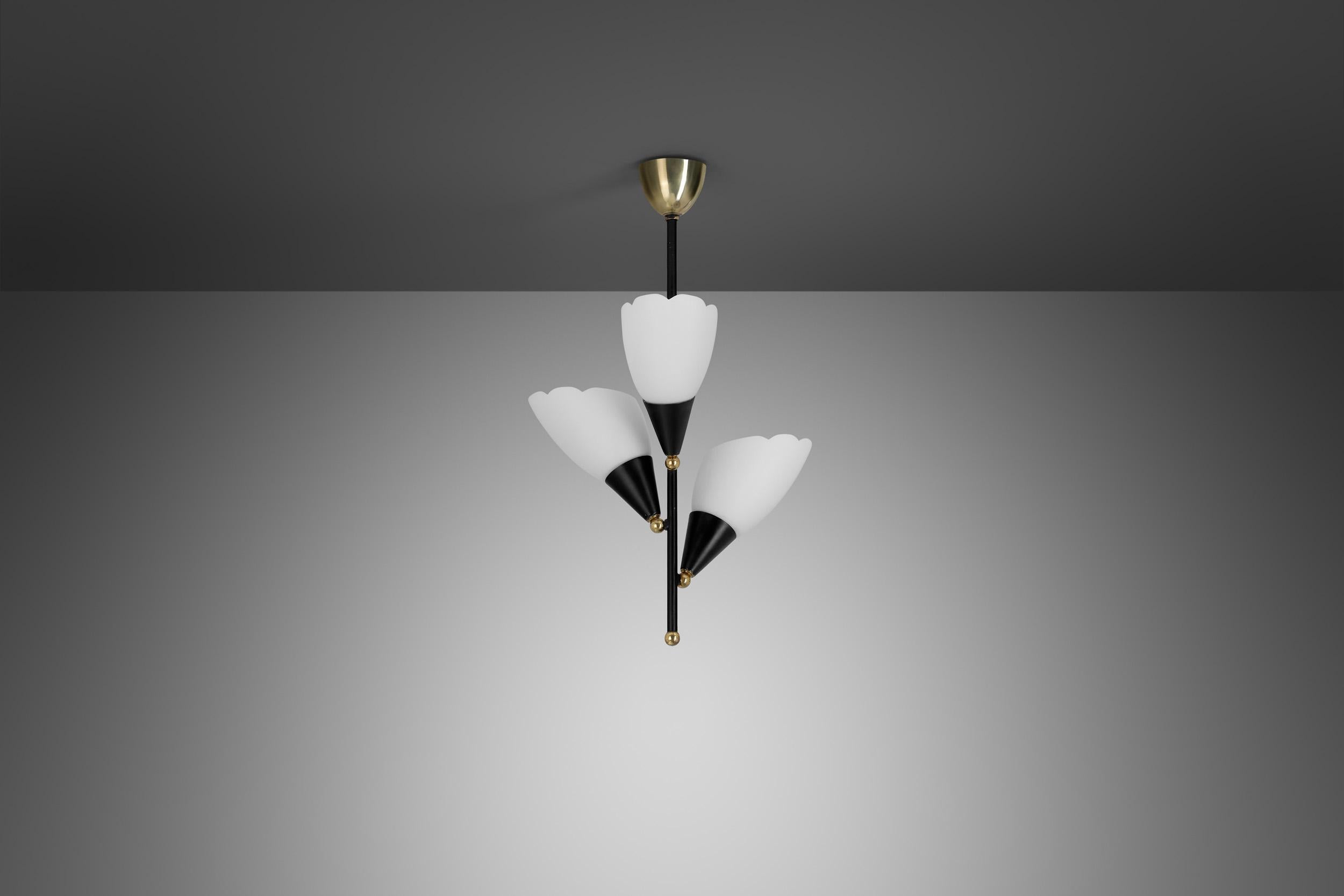 Opal Glass and Lacquered Metal Chandelier with Brass Details, Europe 1950s In Good Condition For Sale In Utrecht, NL
