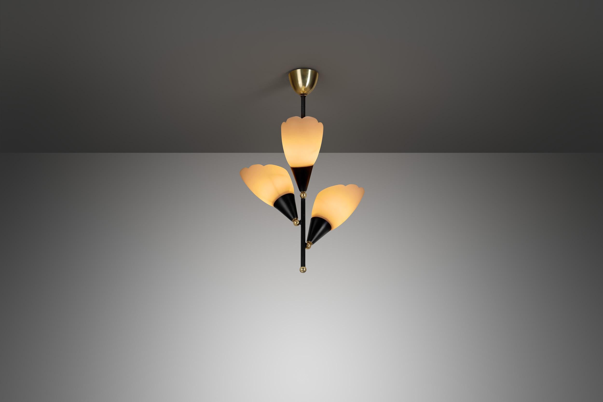 Mid-20th Century Opal Glass and Lacquered Metal Chandelier with Brass Details, Europe 1950s For Sale