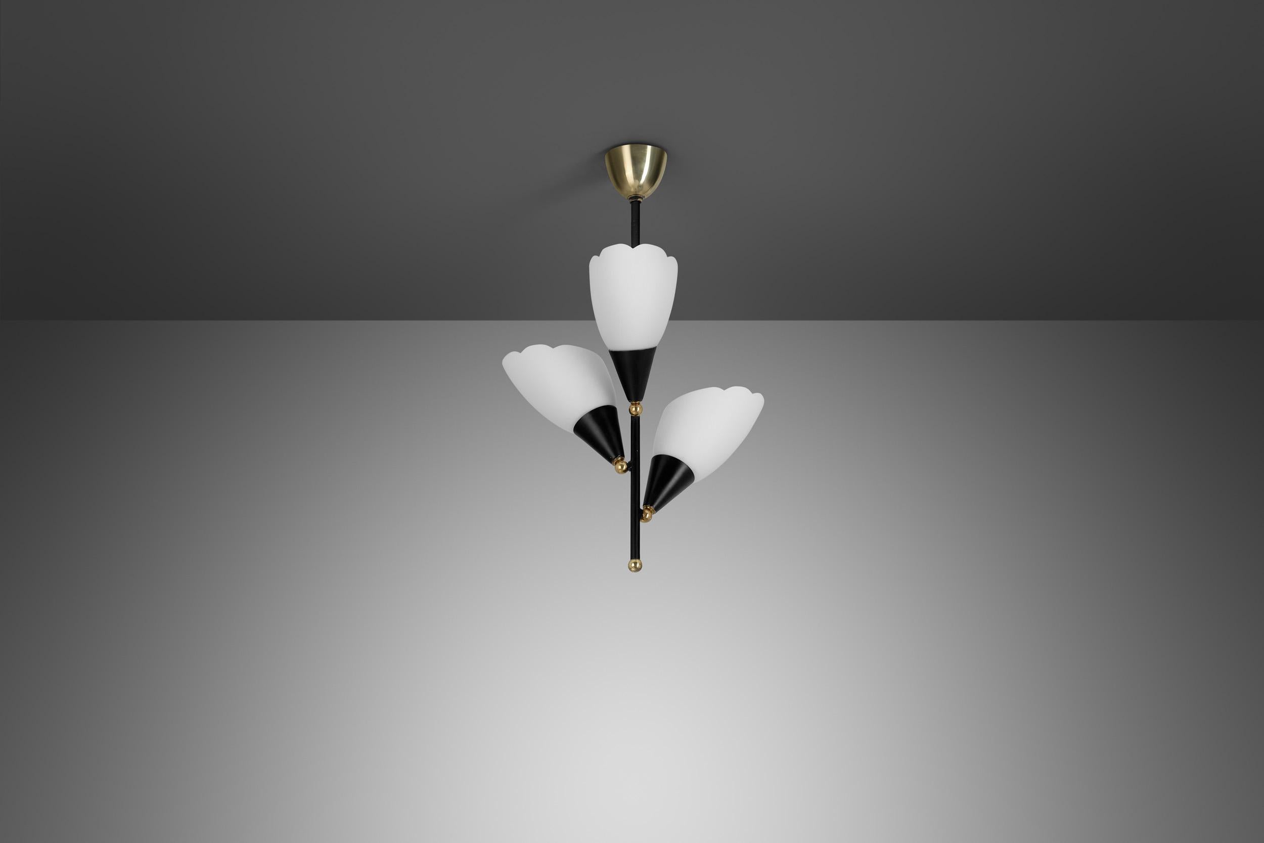 Opal Glass and Lacquered Metal Chandelier with Brass Details, Europe 1950s For Sale 1