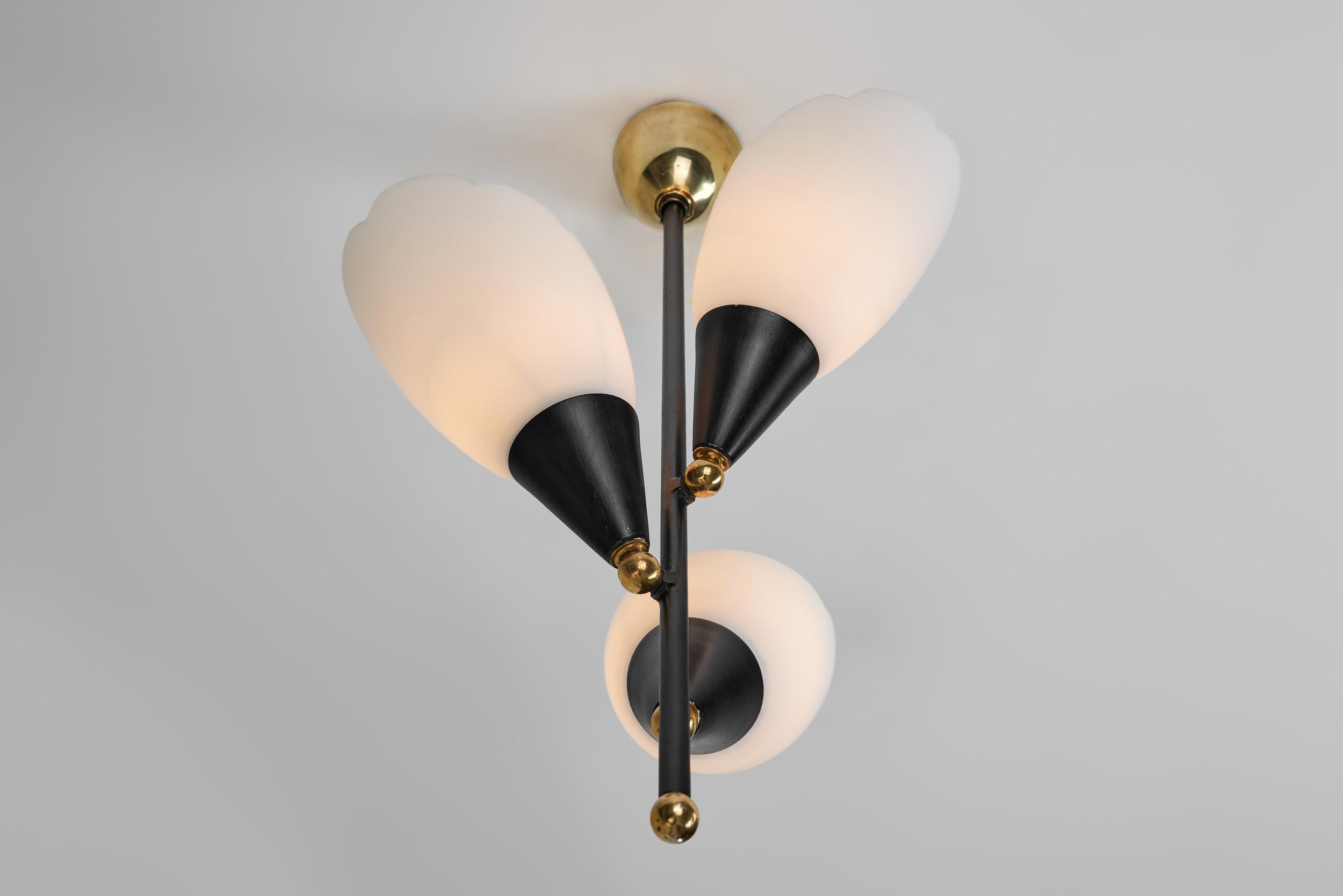 Opal Glass and Lacquered Metal Chandelier with Brass Details, Europe 1950s For Sale 2