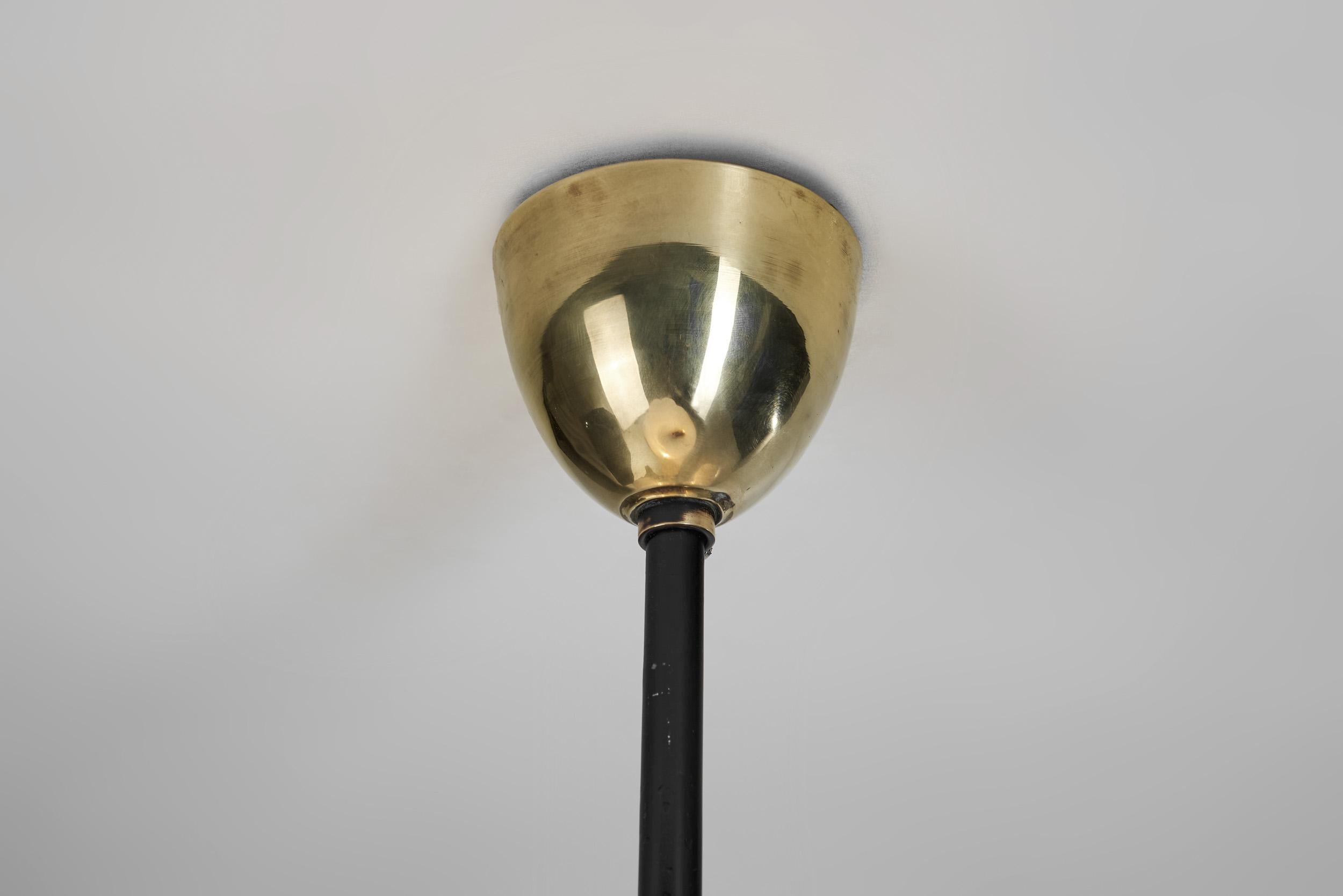 Opal Glass and Lacquered Metal Chandelier with Brass Details, Europe 1950s For Sale 3
