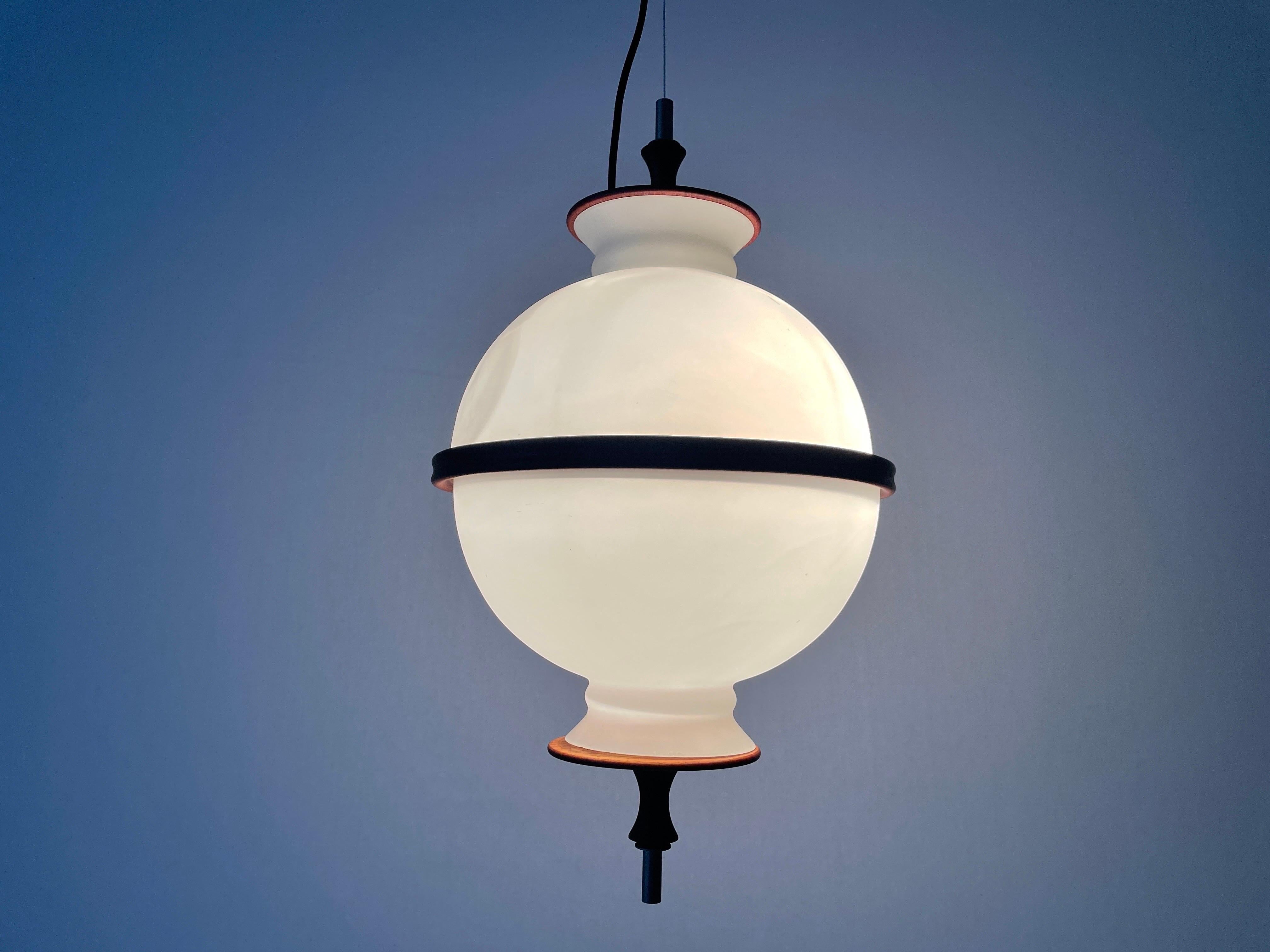 Opal Glass and Teak Ceiling Lamp by Reggiani Illuminazione, 1960s, Ital For Sale 5