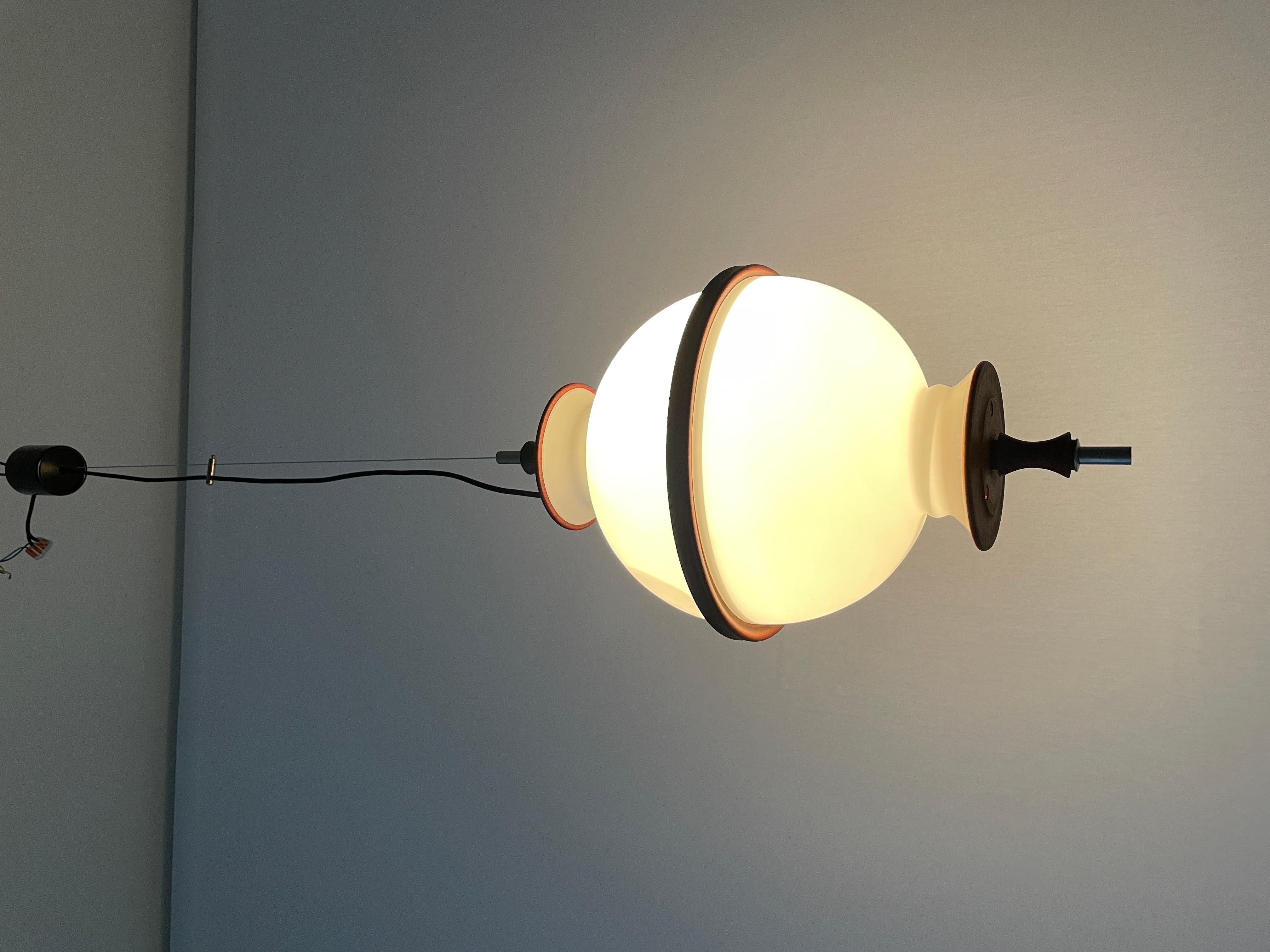 Opal Glass and Teak Ceiling Lamp by Reggiani Illuminazione, 1960s, Ital For Sale 11