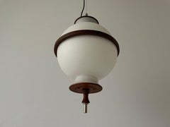 Lampada da soffitto in vetro opalino e teak di Reggiani Illuminazione, 1960, Italia