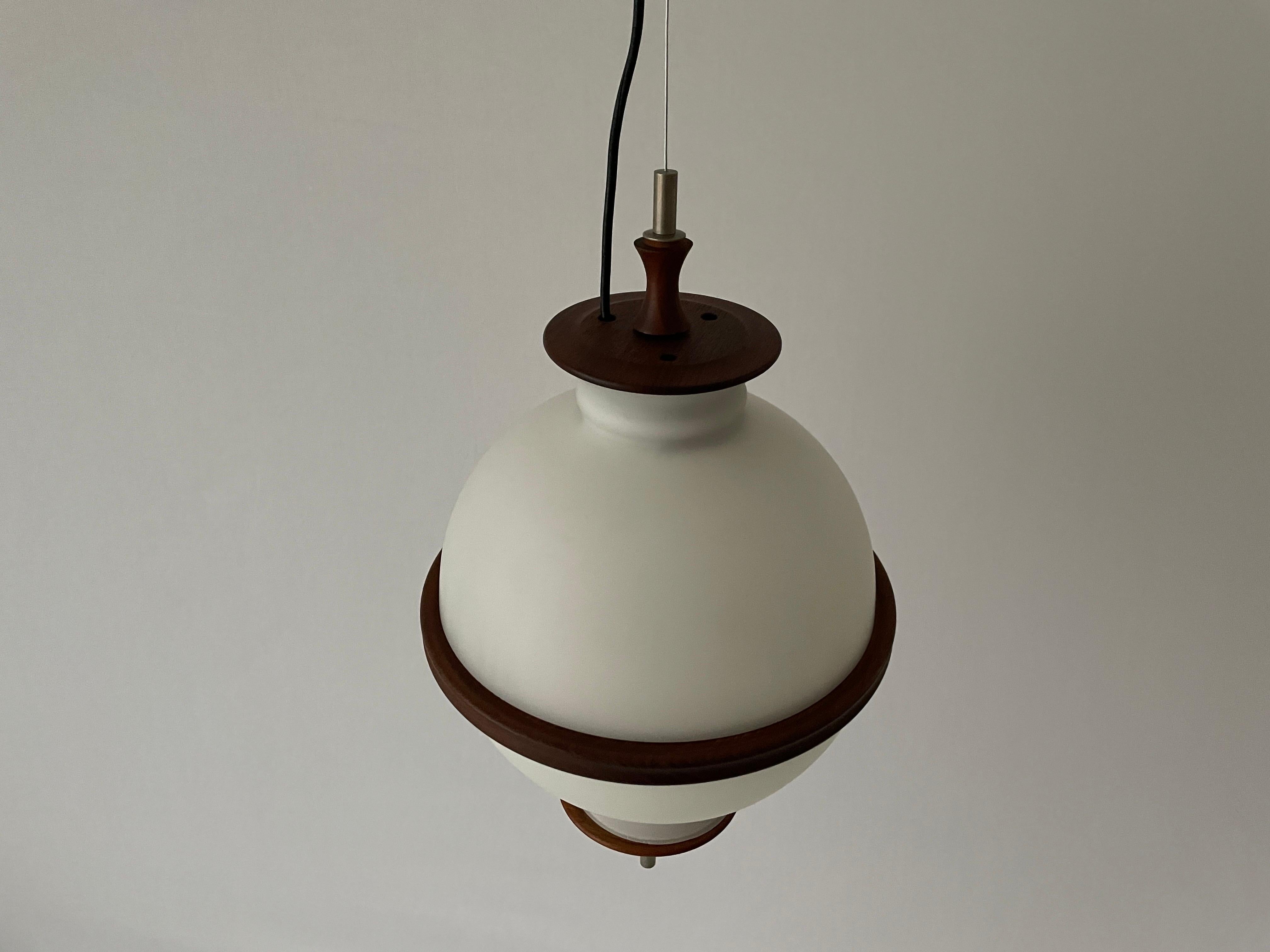Space Age Opal Glass and Teak Ceiling Lamp by Reggiani Illuminazione, 1960s, Ital For Sale