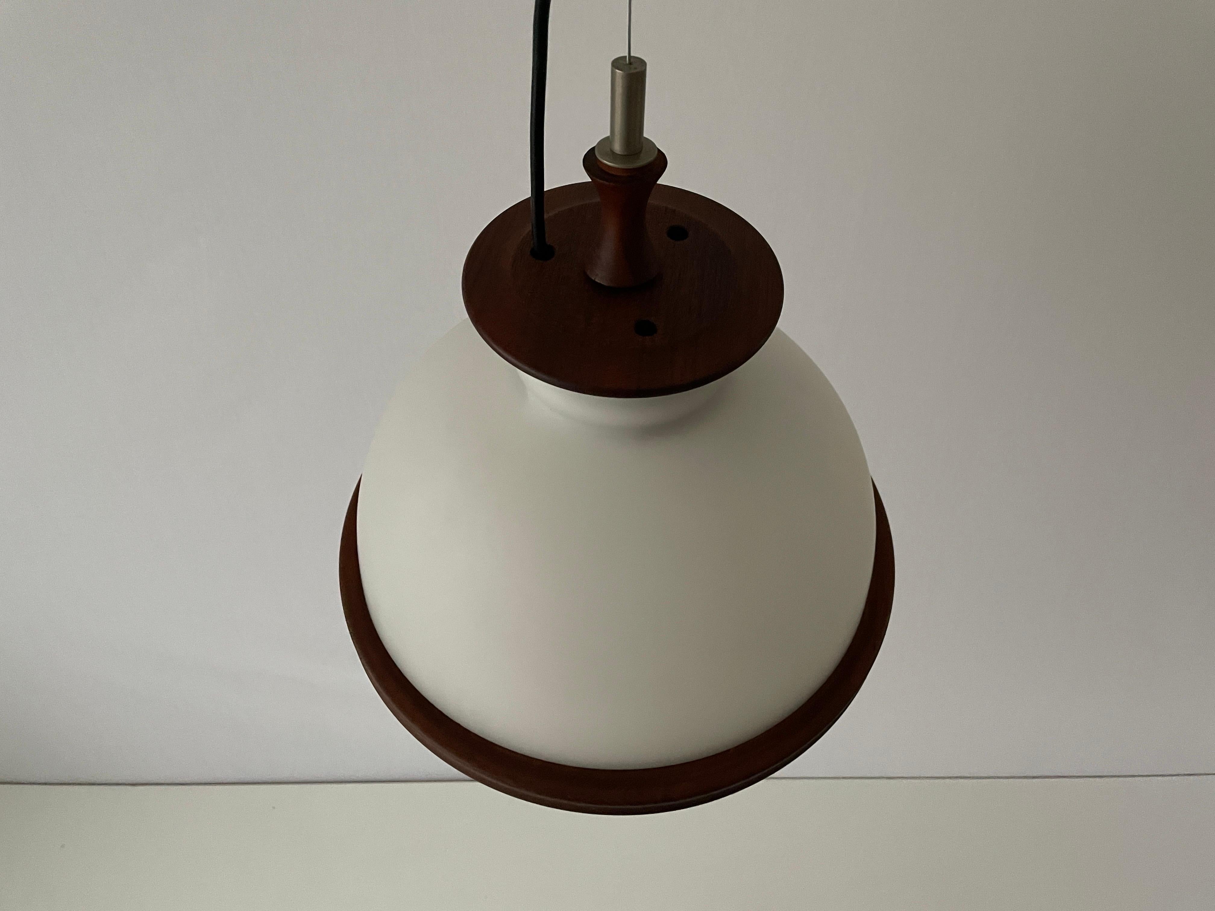 Italian Opal Glass and Teak Ceiling Lamp by Reggiani Illuminazione, 1960s, Ital For Sale