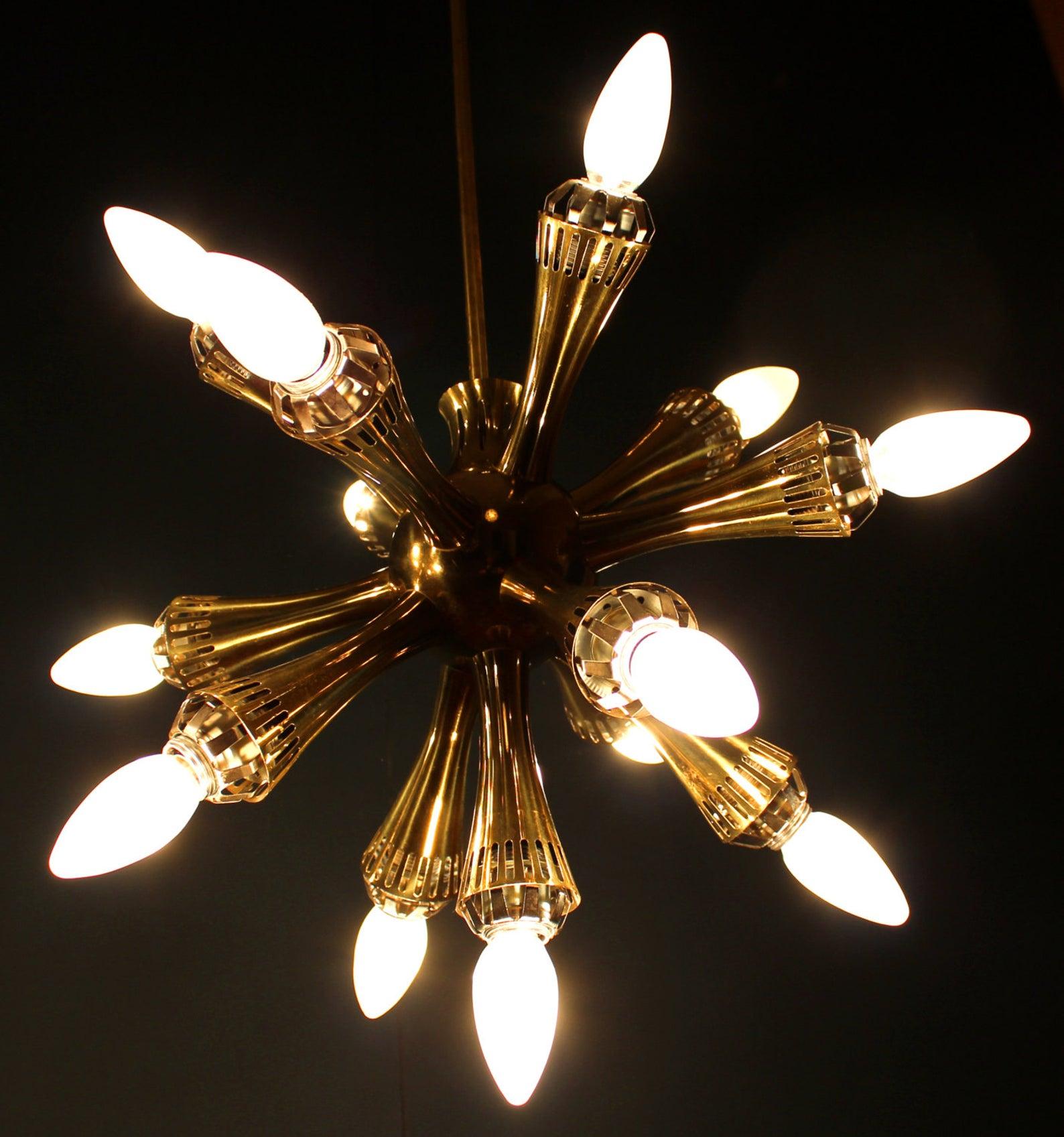 Mid-Century Modern Opal Glass and Brass Chandelier, Italy, 1950s For Sale