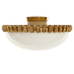 Opal Glass Brass Flush Mount Light, 1960