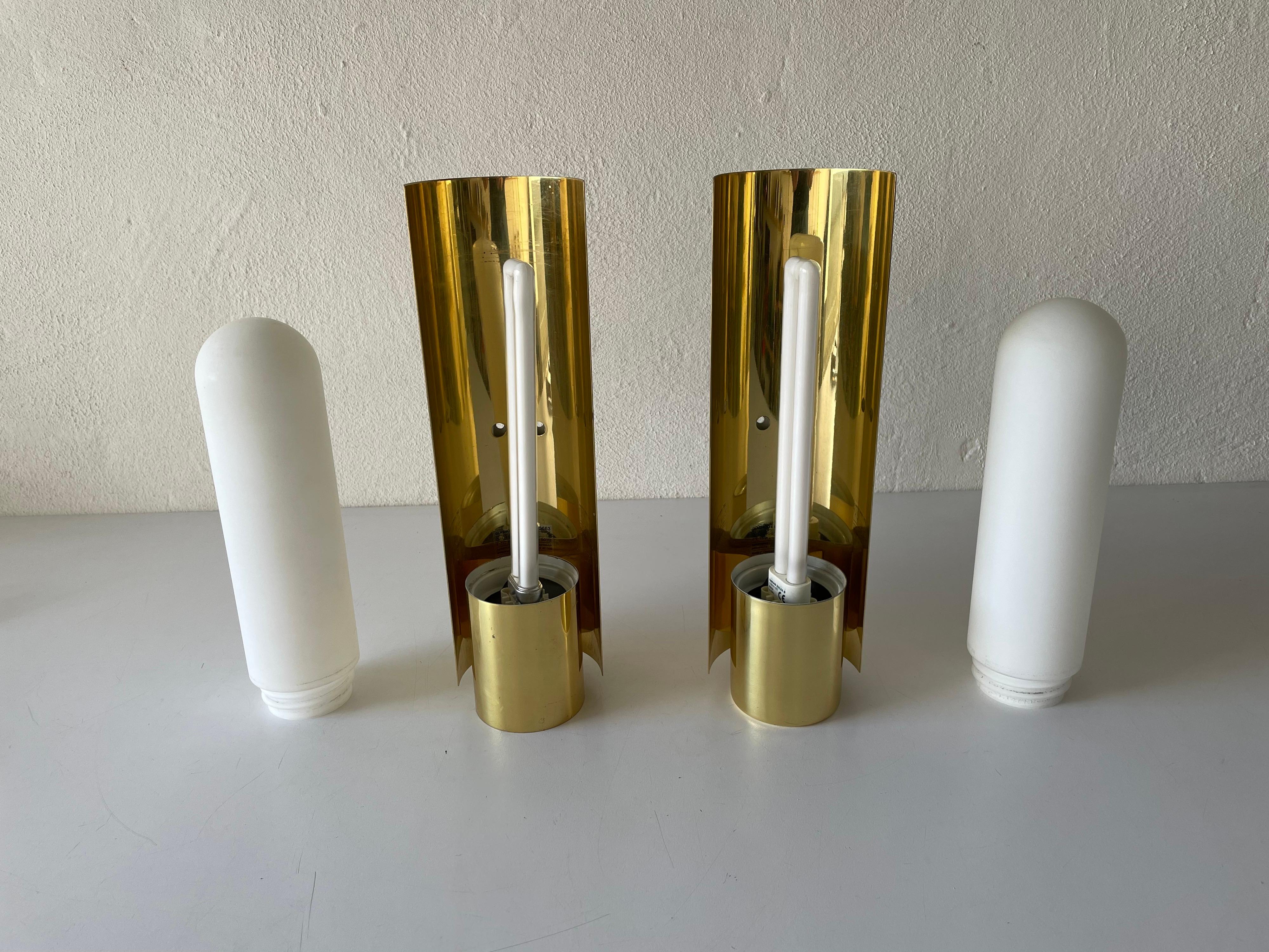 Opal Glass & Brass Pair of Sconces by Limburg, 1970s, Germany For Sale 10