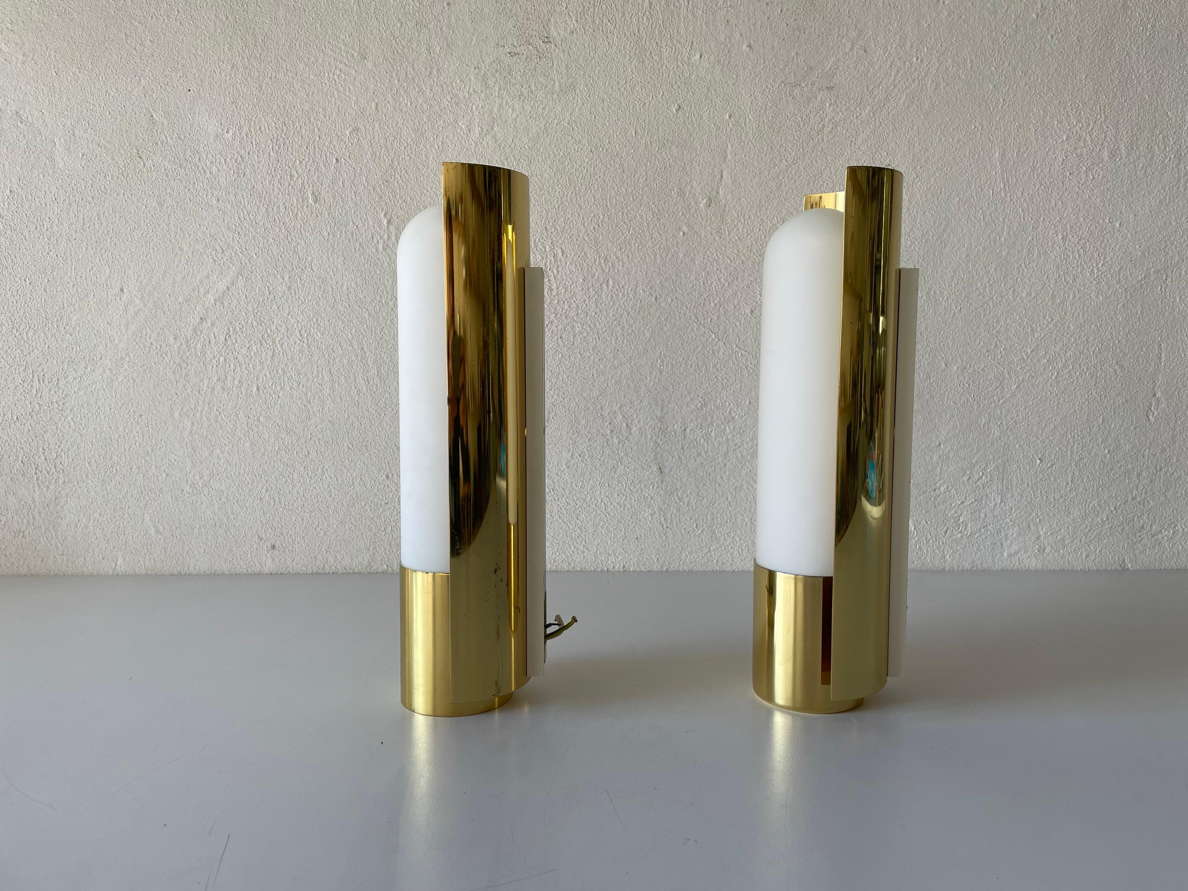 Space Age Opal Glass & Brass Pair of Sconces by Limburg, 1970s, Germany For Sale