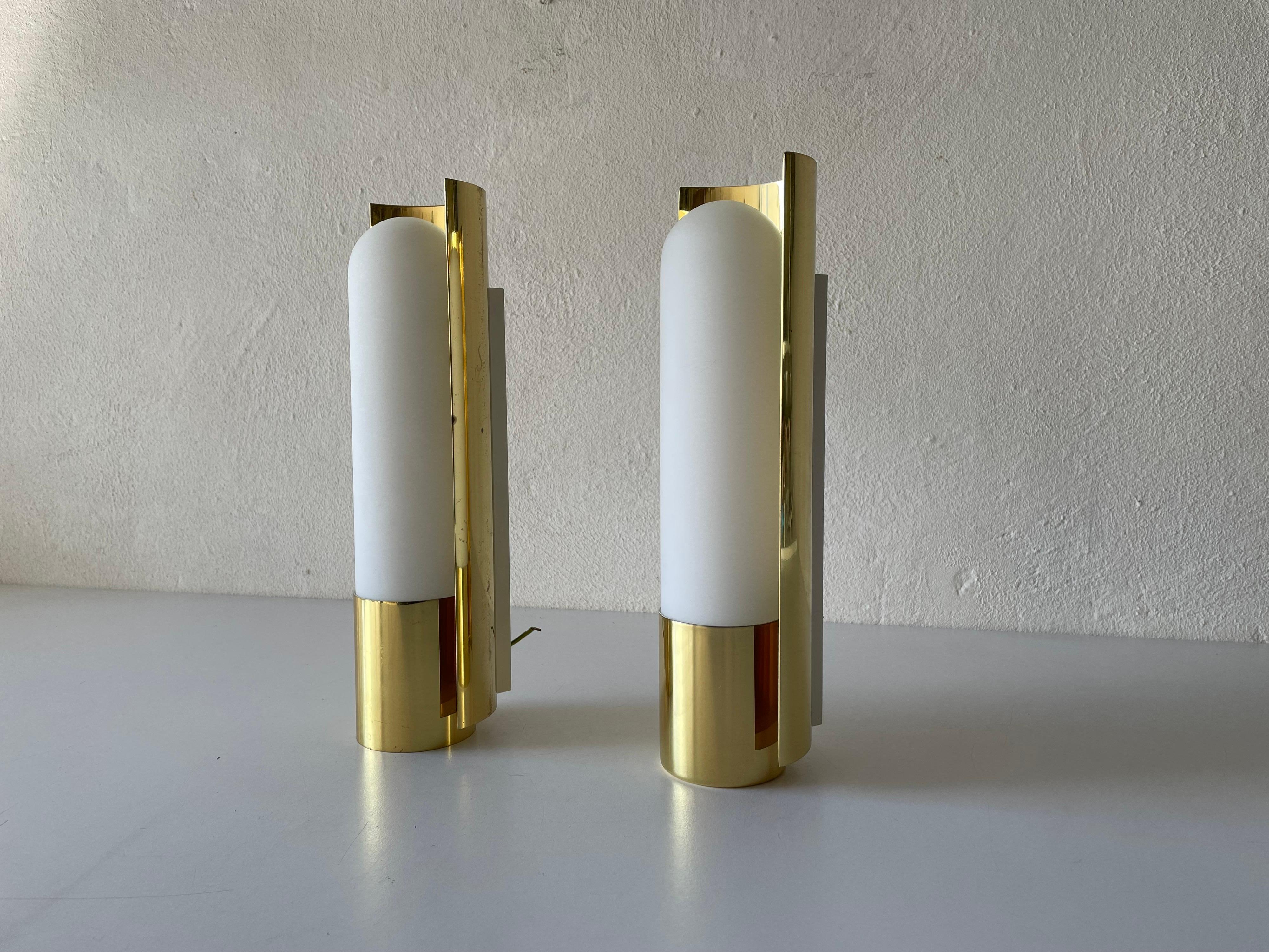 Opal Glass & Brass Pair of Sconces by Limburg, 1970s, Germany In Good Condition For Sale In Hagenbach, DE