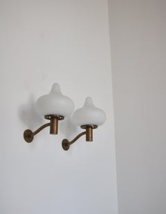 Large Danish Modern Opal Glass & Brass Wall Lamps, Louis Poulsen, Denmark, 1950