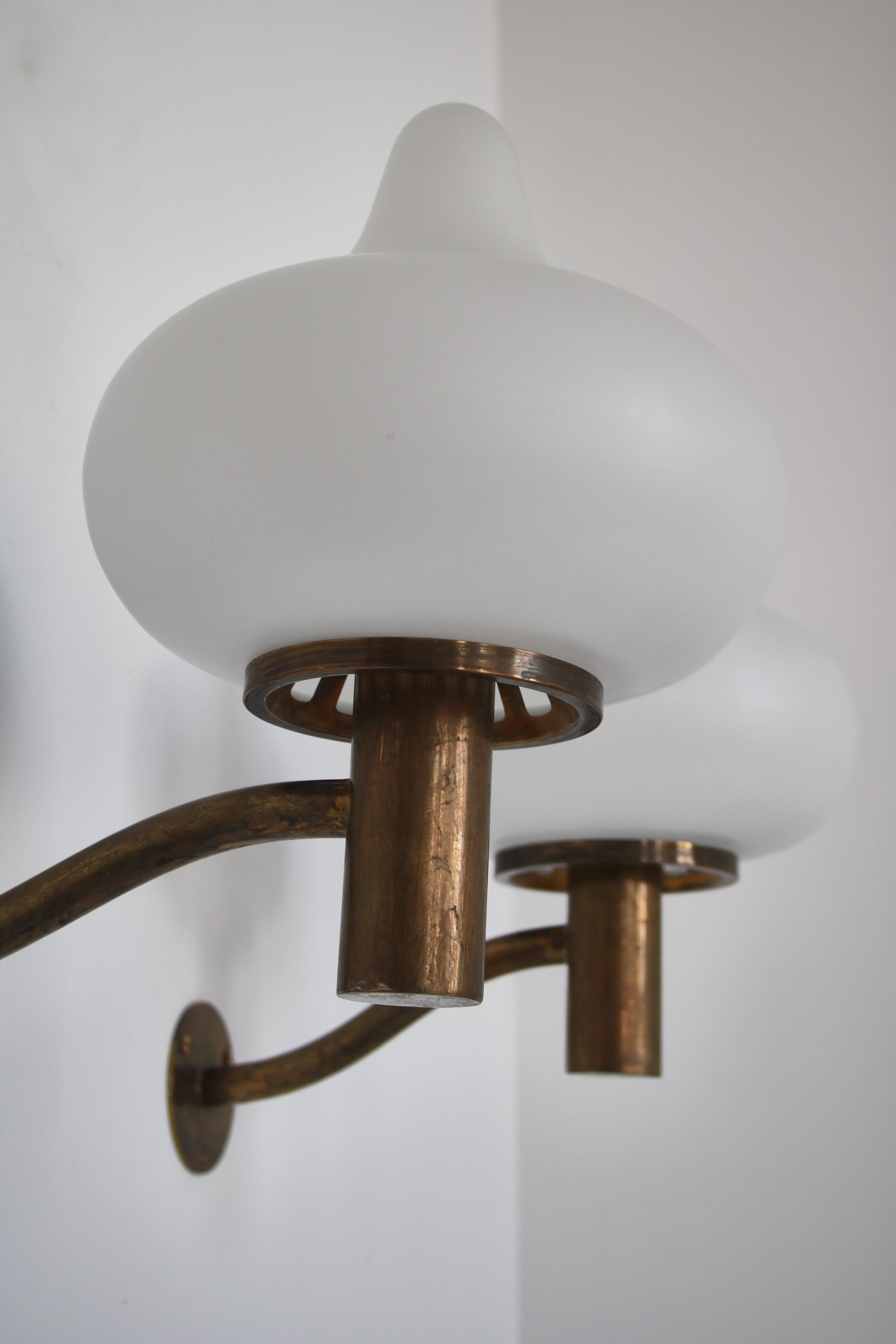 Large Danish Modern Opal Glass & Brass Wall Lamps, Louis Poulsen, Denmark, 1950 For Sale 4