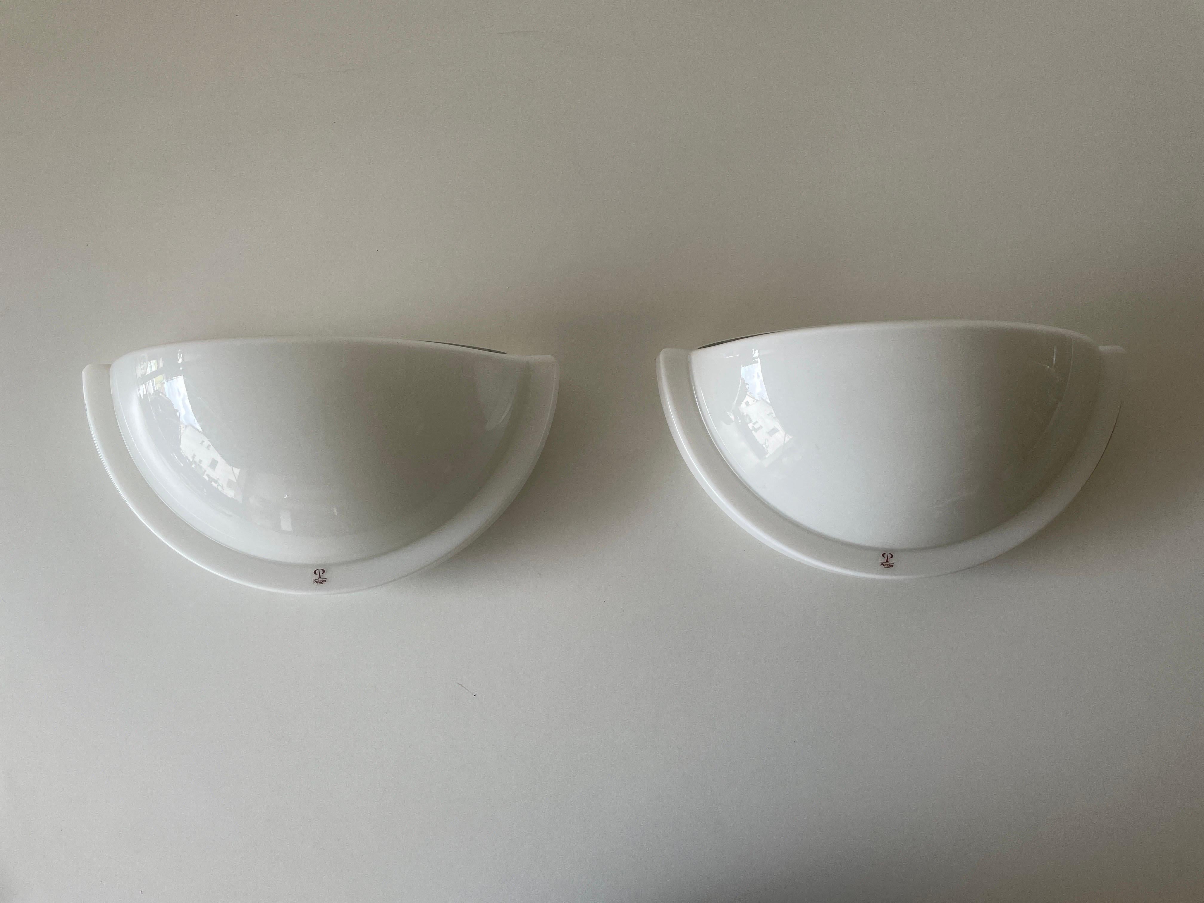 Space Age Opal Glass Half Circle Pair of Sconces by Peill and Putzler, 1970s, Germany For Sale