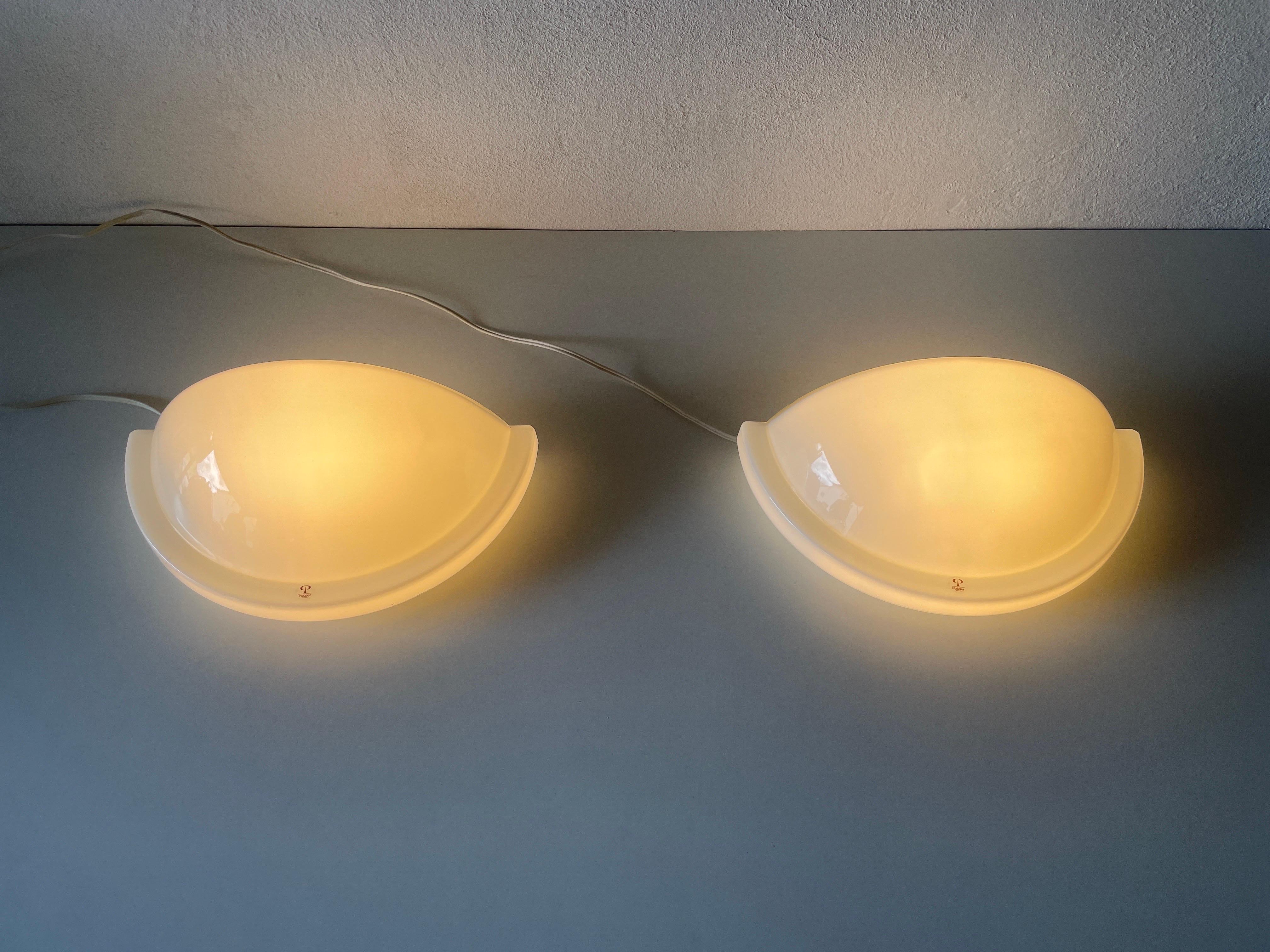 Opal Glass Half Circle Pair of Sconces by Peill and Putzler, 1970s, Germany For Sale 3