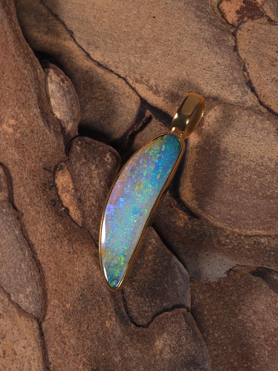 Artisan Opal Gold Necklace Opalescent Neon Green Australian Gemstone Unisex Jewelry Art For Sale