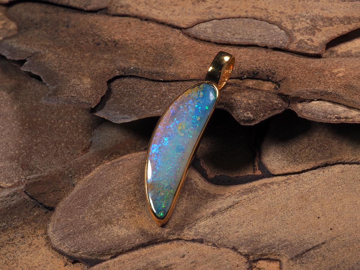 Opal Gold Necklace Opalescent Neon Green Australian Gemstone Unisex Jewelry Art For Sale 2
