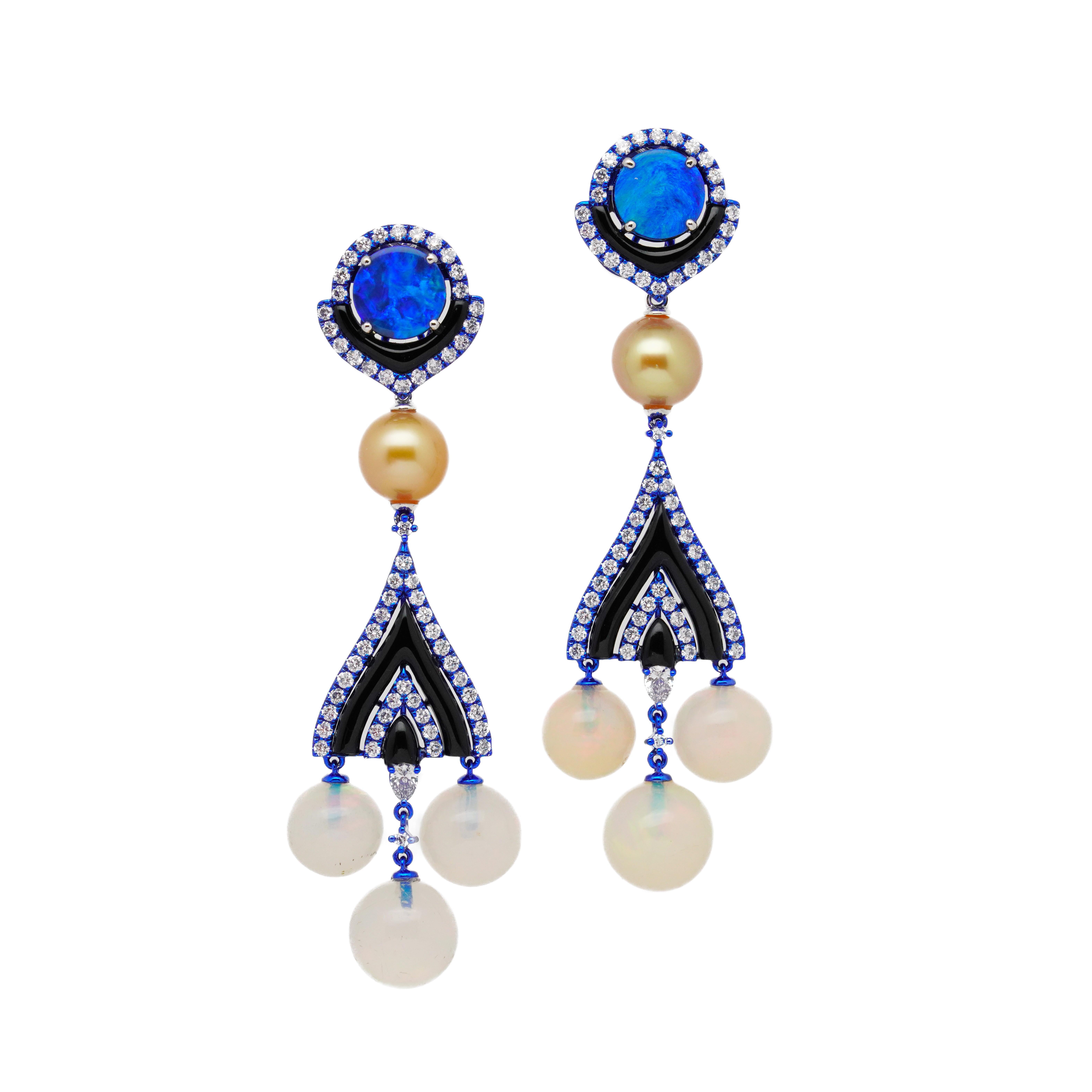 A very fine, art-deco and elegant pair of chandelier earrings by Austy Lee. This pair of earrings is made of Australian Boulder Opals, cultured South Sea Gold Pearls, Onxy, Ethiopian Opals and White Diamonds, set on blue color-plated 18K White Gold.