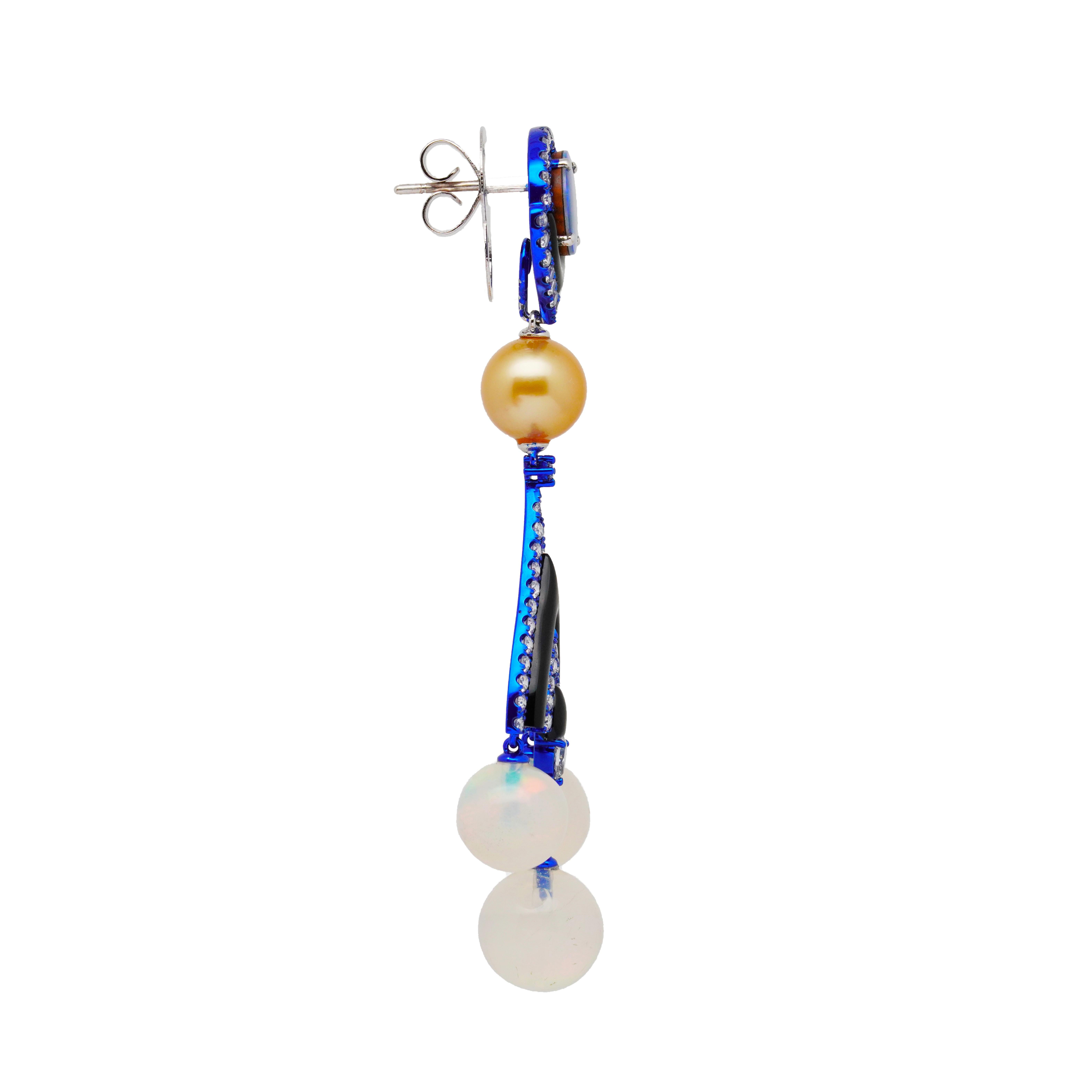 Art Deco Opal, Gold Pearl, Onyx & Diamond Chandelier Earrings, 18K Gold, Austy Lee