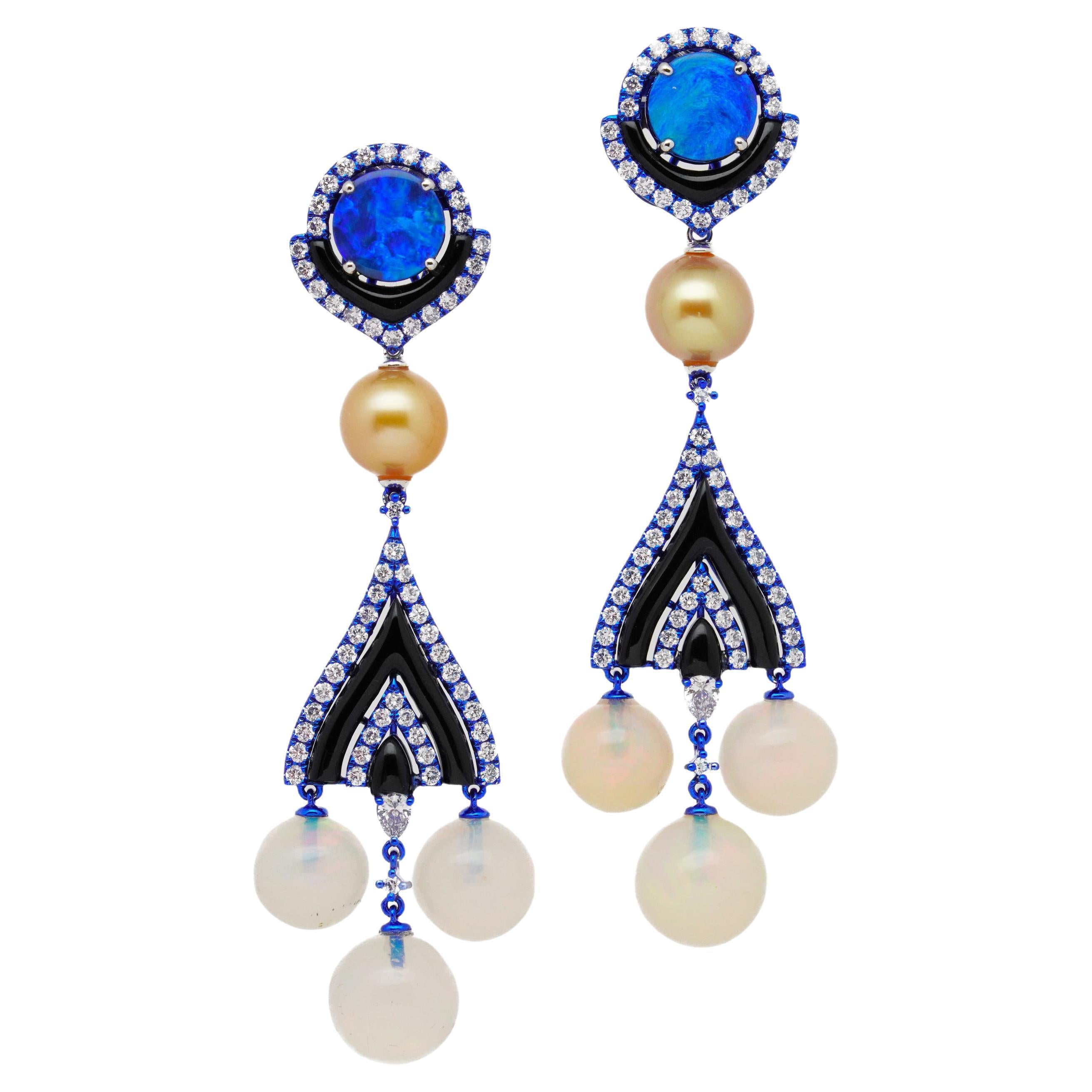 Opal, Gold Pearl, Onyx & Diamond Chandelier Earrings, 18K Gold, Austy Lee For Sale