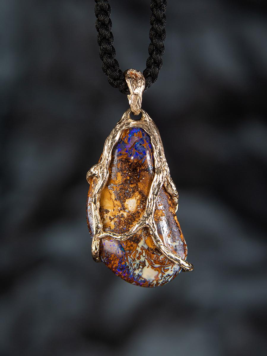 Opal Gold Pendant Boulder Australian Nature Inspired Necklace For Sale 4