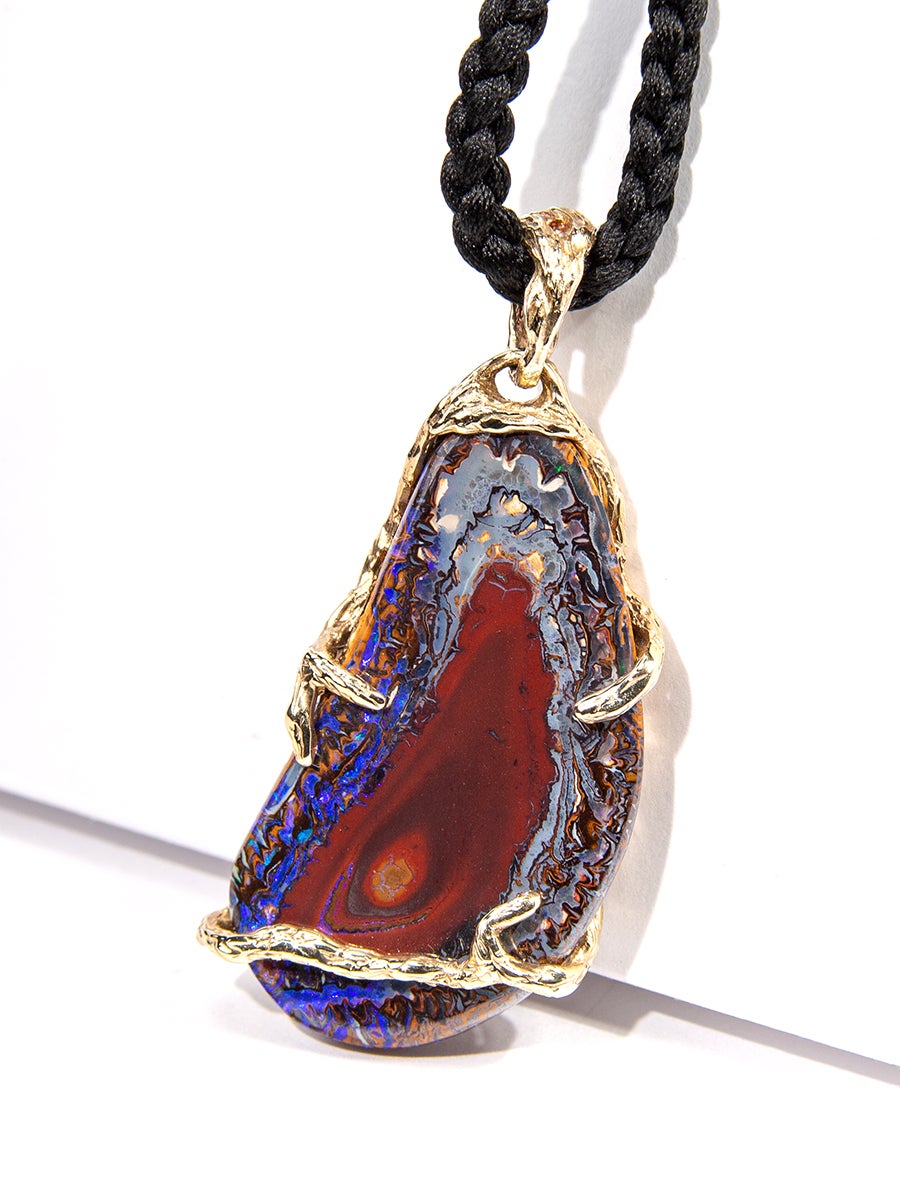 Art Nouveau Opal Gold Pendant Boulder Australian Nature Inspired Necklace For Sale