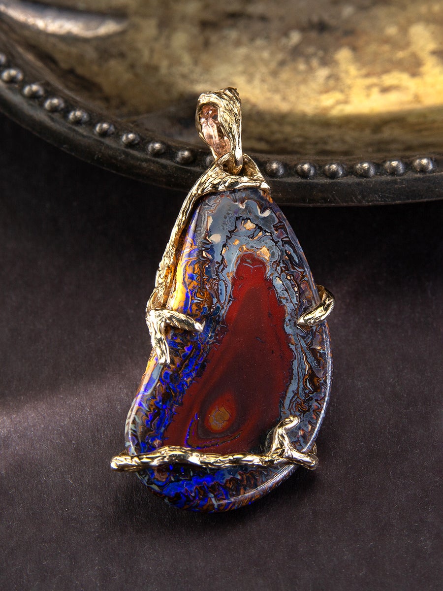 Opal Gold Pendant Boulder Australian Nature Inspired Necklace For Sale 1