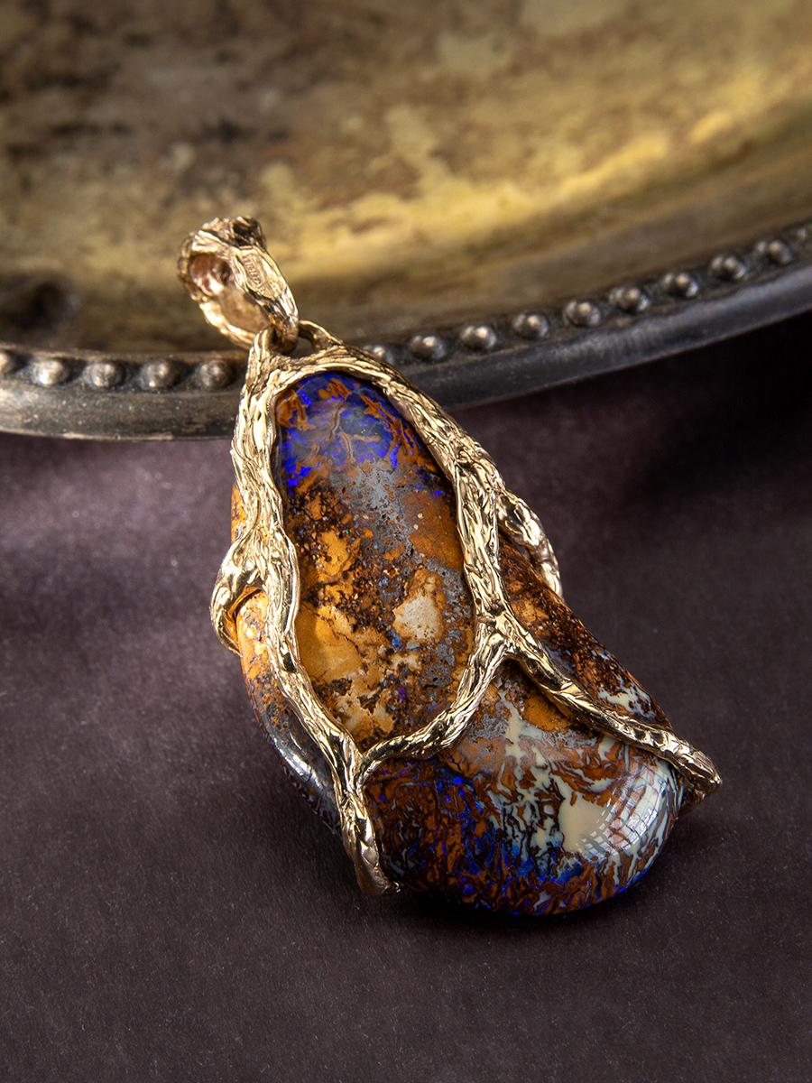 Opal Gold Pendant Boulder Australian Nature Inspired Necklace For Sale 3