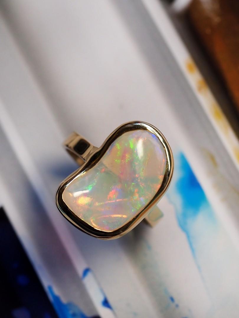 Artisan Opal Gold Ring Art Nouveau Style Jewelry Natural Gemstone For Sale