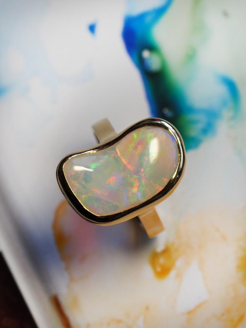 Uncut Opal Gold Ring Art Nouveau Style Jewelry Natural Gemstone For Sale