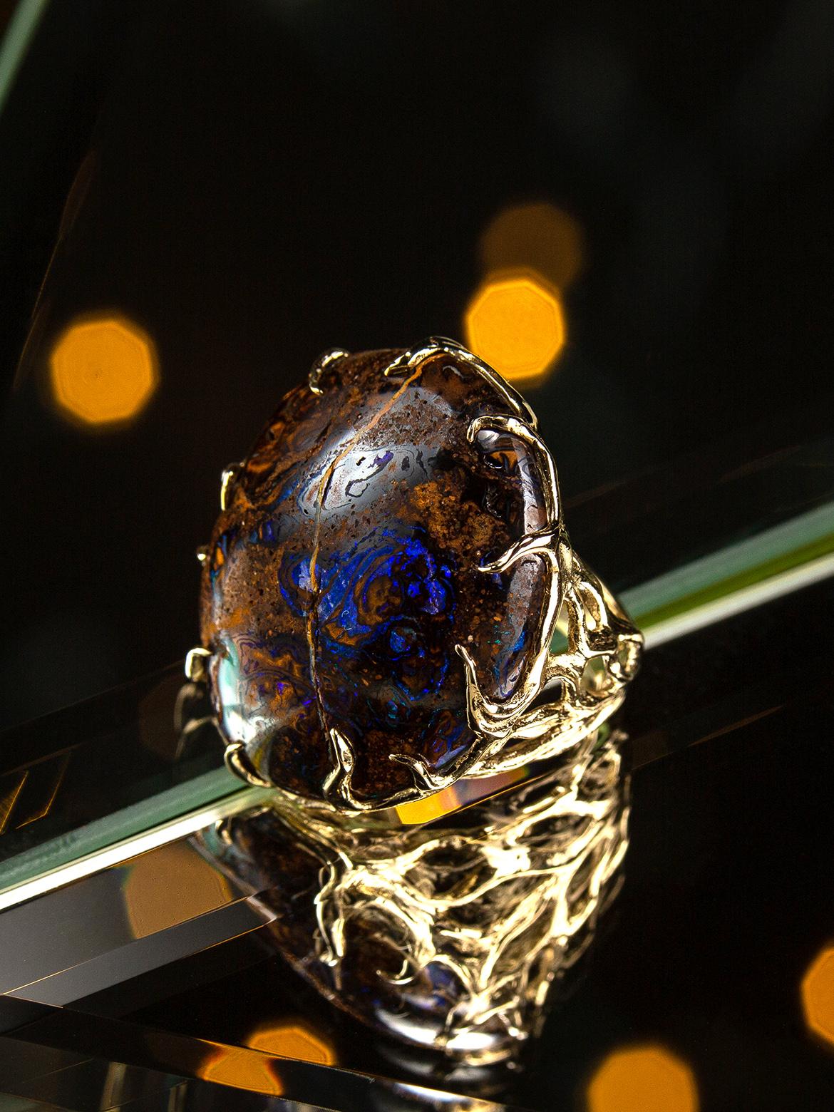 Art Nouveau Opal Gold Ring Blueprint Woody Musk Tree Natural Australian Gem For Sale