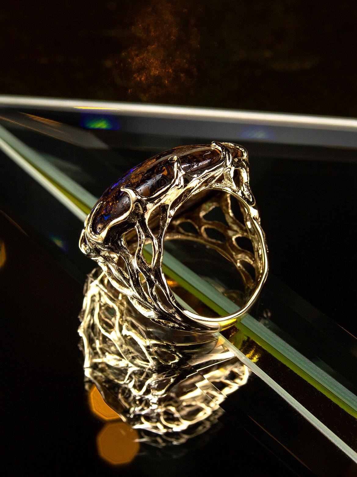 Uncut Opal Gold Ring Blueprint Woody Musk Tree Natural Australian Gem For Sale