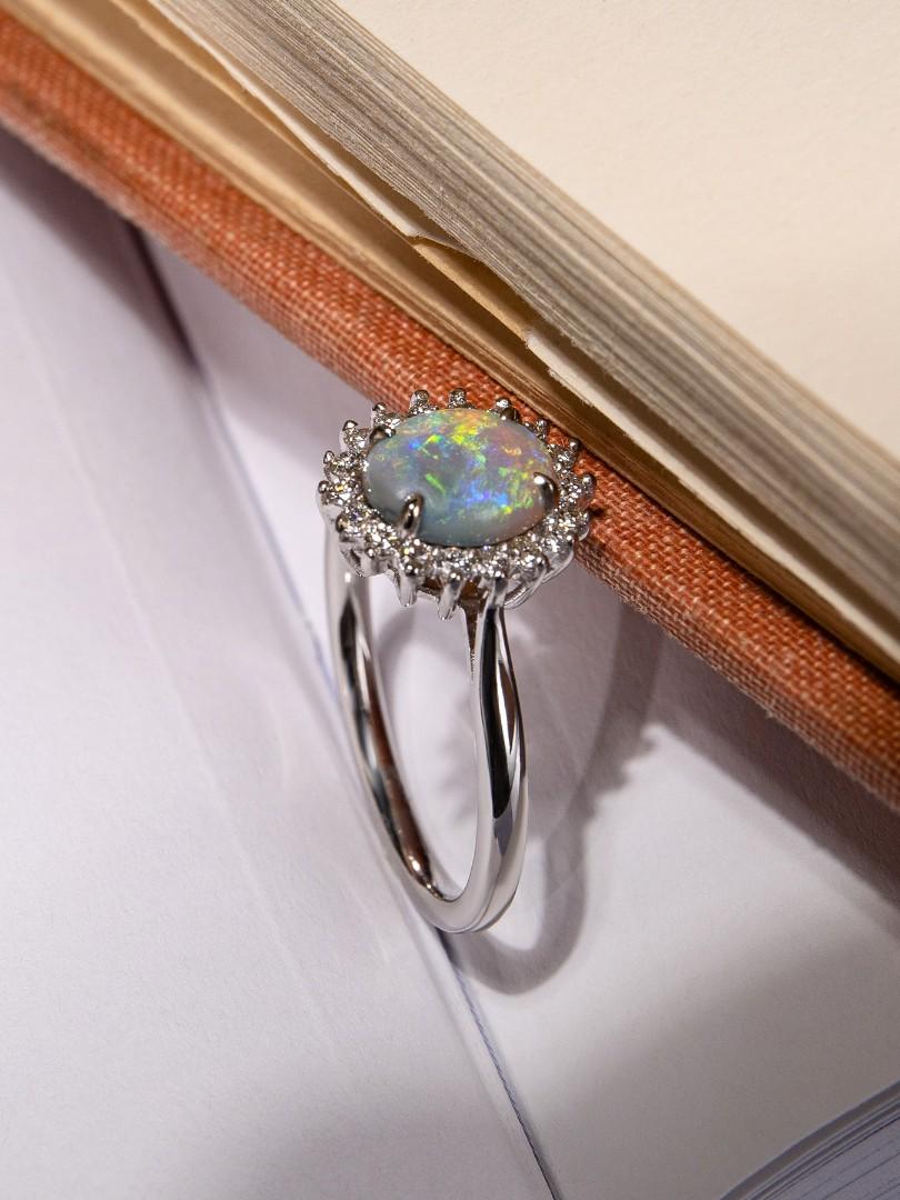 Opal Gold Ring Diamond Engagement Ring Iridescent Art Deco Style For Sale 2