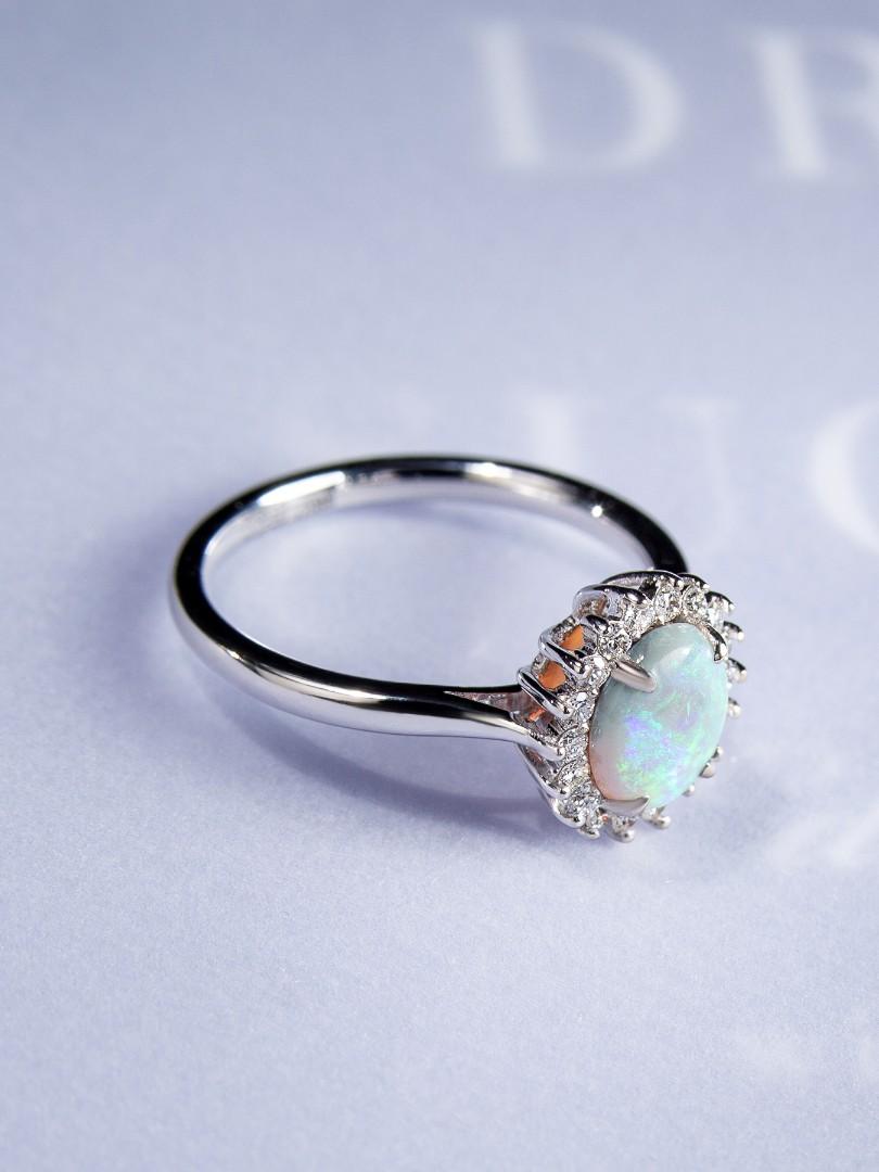 Opal Gold Ring Diamond Engagement Ring Iridescent Art Deco Style For Sale 4