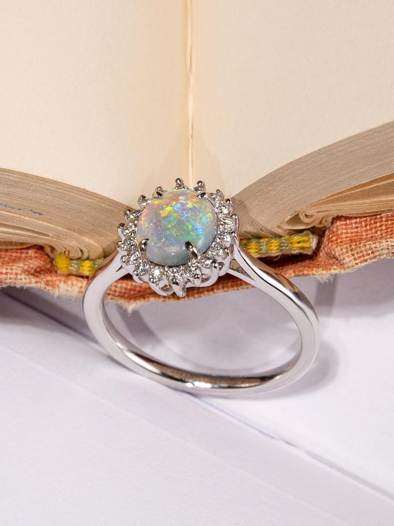 Opal Gold Ring Diamond Engagement Ring Iridescent Art Deco Style For Sale 6