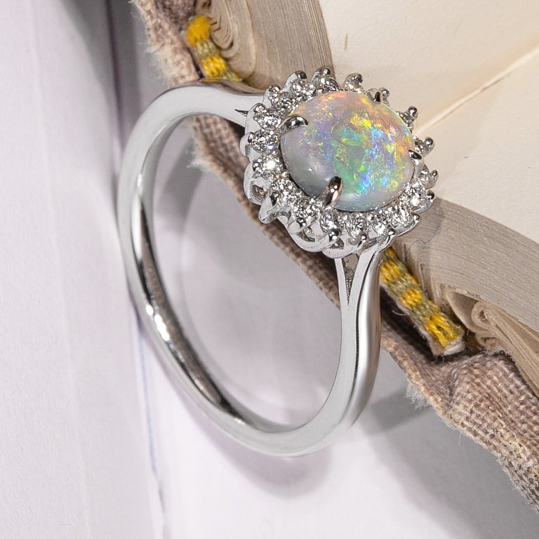 Opal Gold Ring Diamond Engagement Ring Iridescent Art Deco Style