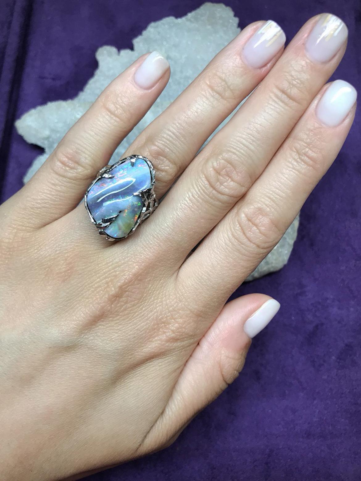 Opal Gold Ring Gemstone Unisex Engagement Band For Sale 4