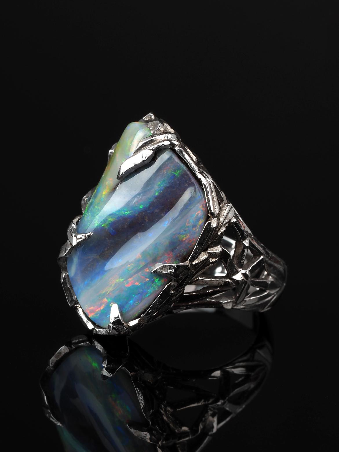 Contemporary Opal Gold Ring Gemstone Unisex Engagement Band For Sale