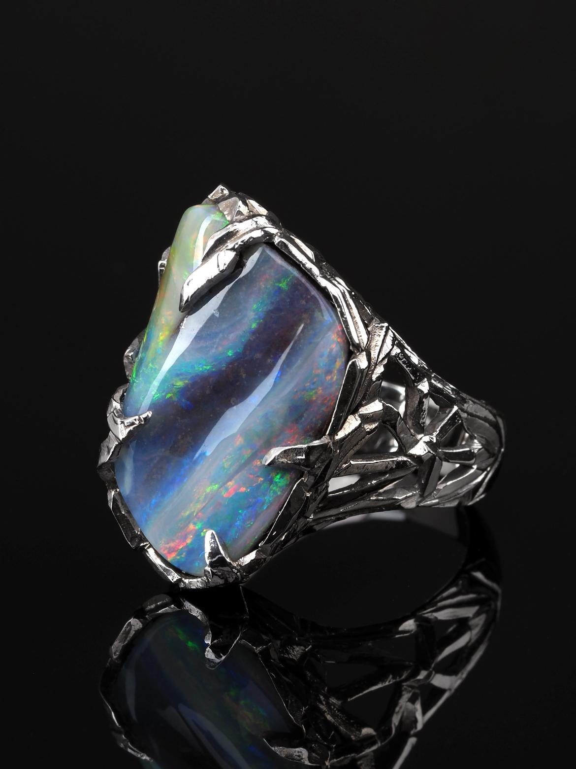 Opal Gold Ring Gemstone Unisex Engagement Band For Sale 1