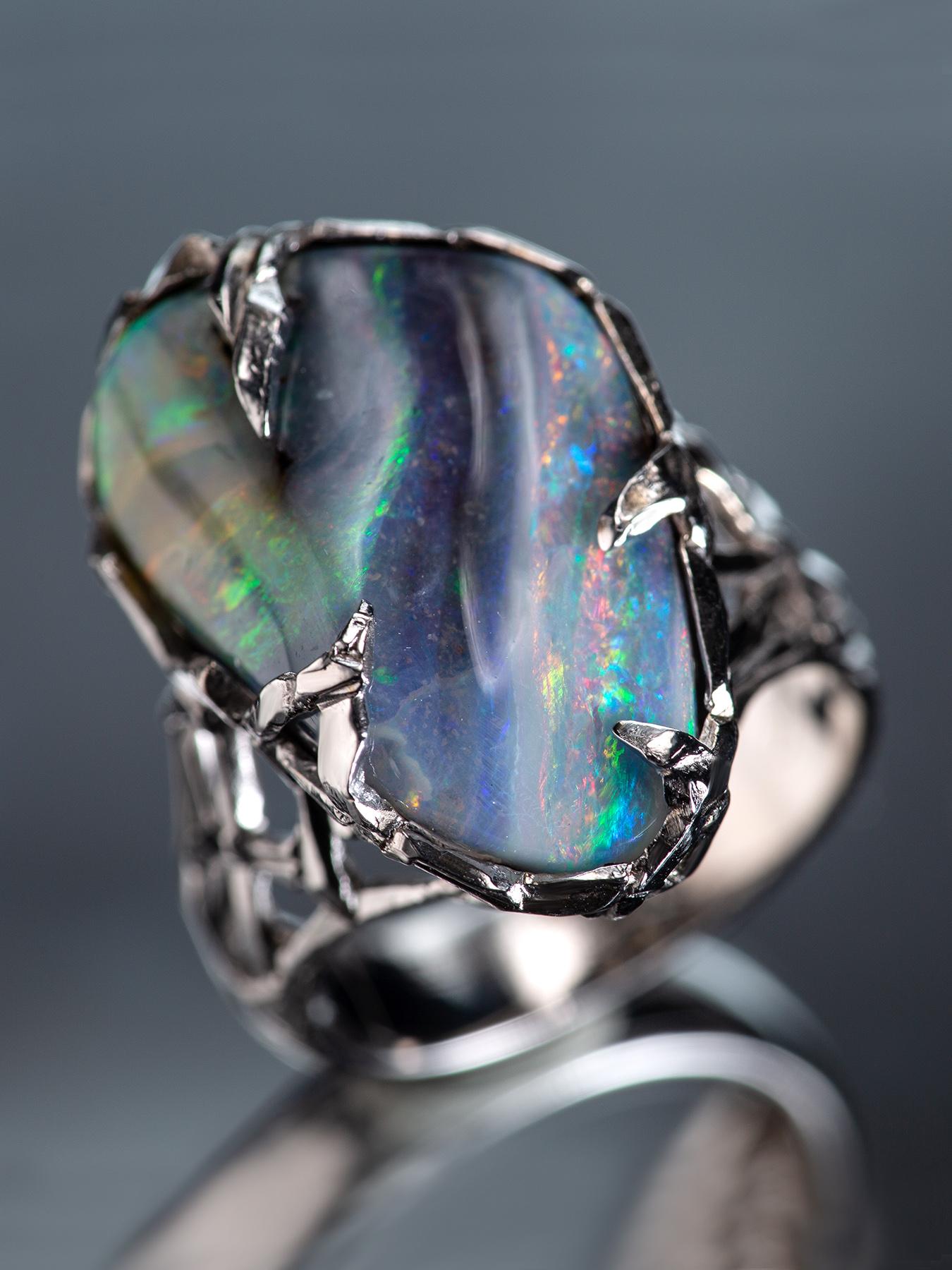 Opal Gold Ring Gemstone Unisex Engagement Band For Sale 6