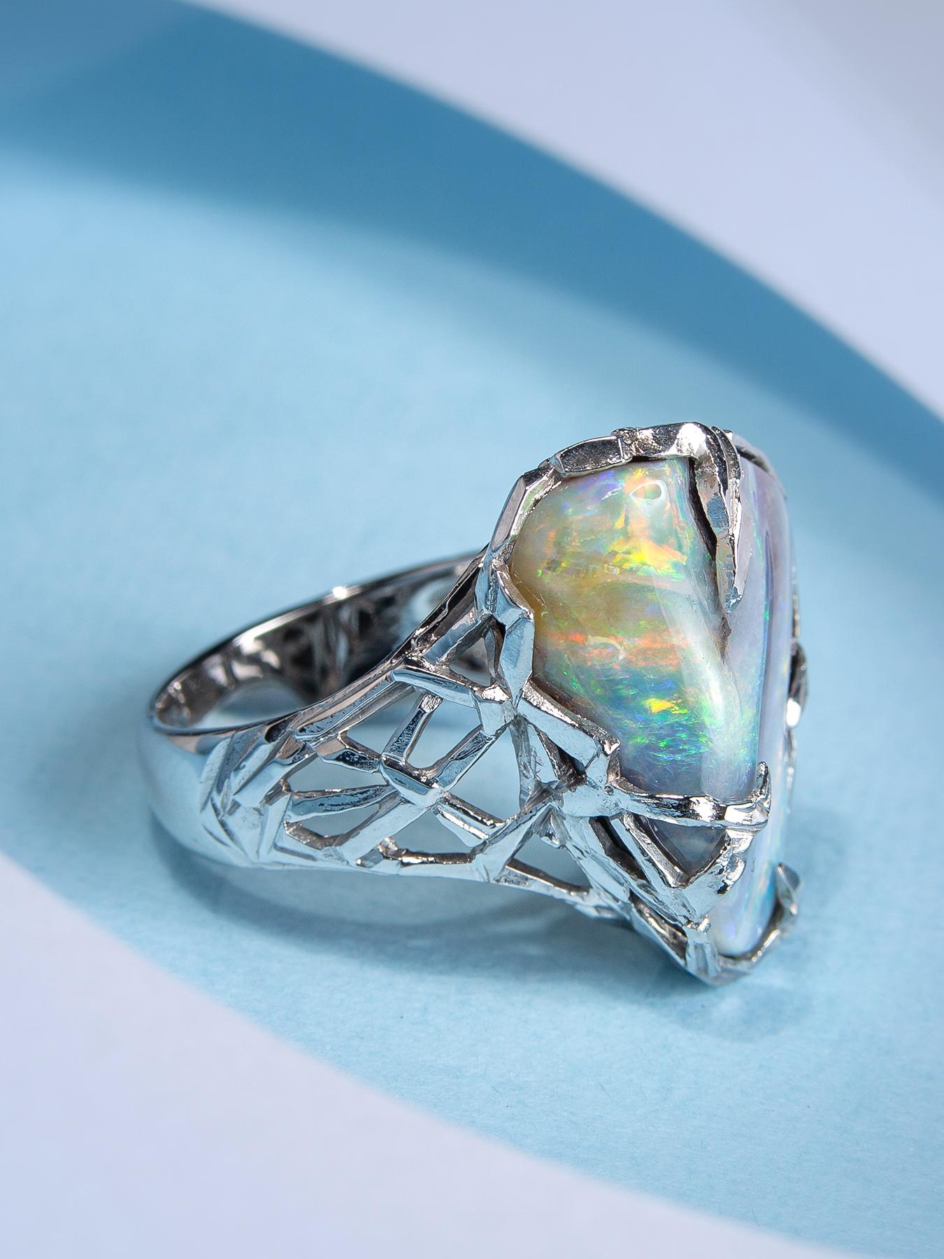 Contemporary Opal Gold Ring Gemstone Unisex Engagement Band For Sale