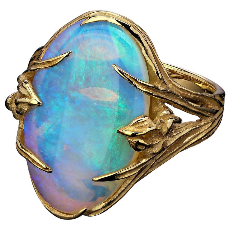 Opal Gold Ring Iris Art Nouveau Australian Opal Gift Unisex For Sale
