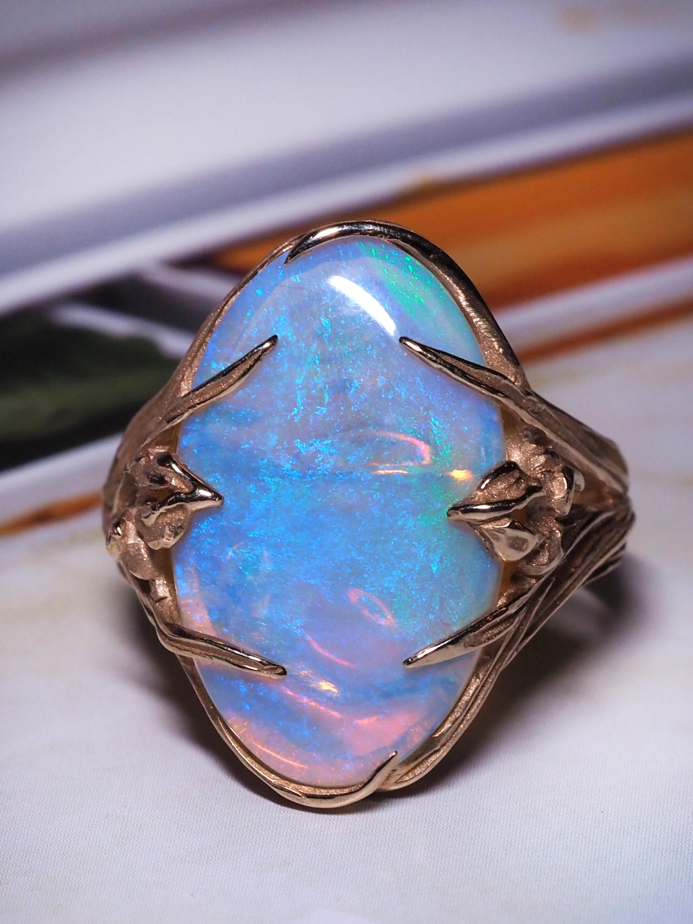 Opal Gold Ring Iris Art Nouveau Australian Opal Gift Unisex 10