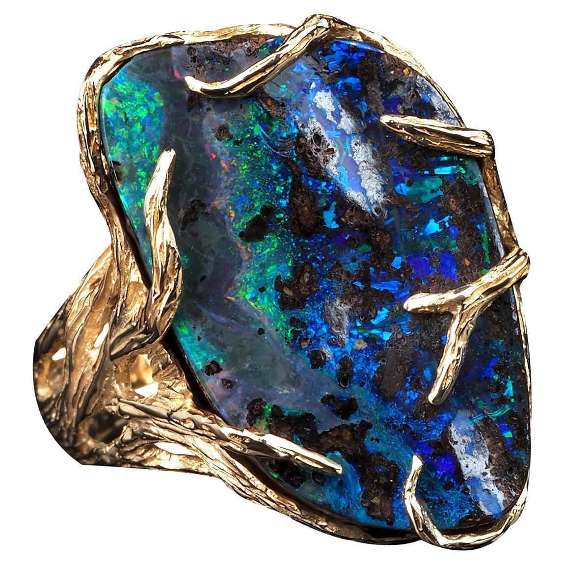 Opal Gold Ring Natural Gemstone Roots Pinfire Pattern Opal