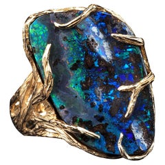Opal Gold Ring Natural Gemstone Roots Pinfire Pattern Opal