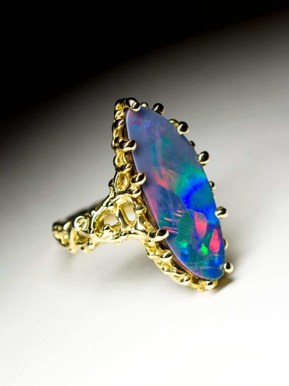 Opal Gold Ring Polychrome Gem Natural Harlequin Opal Unisex For Sale 6