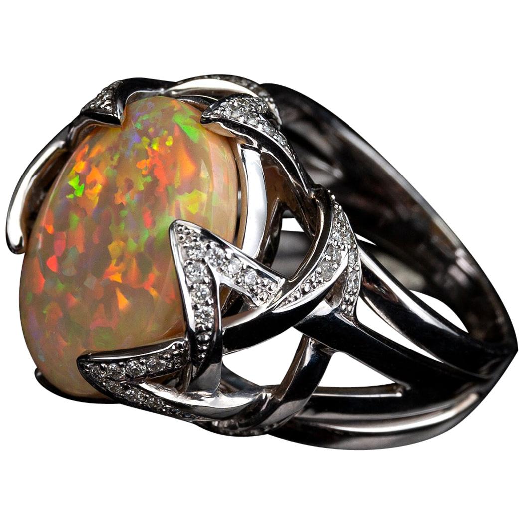 Oval Cut Opal Gold Ring Star Opalescence Engagement Ring with Diamonds