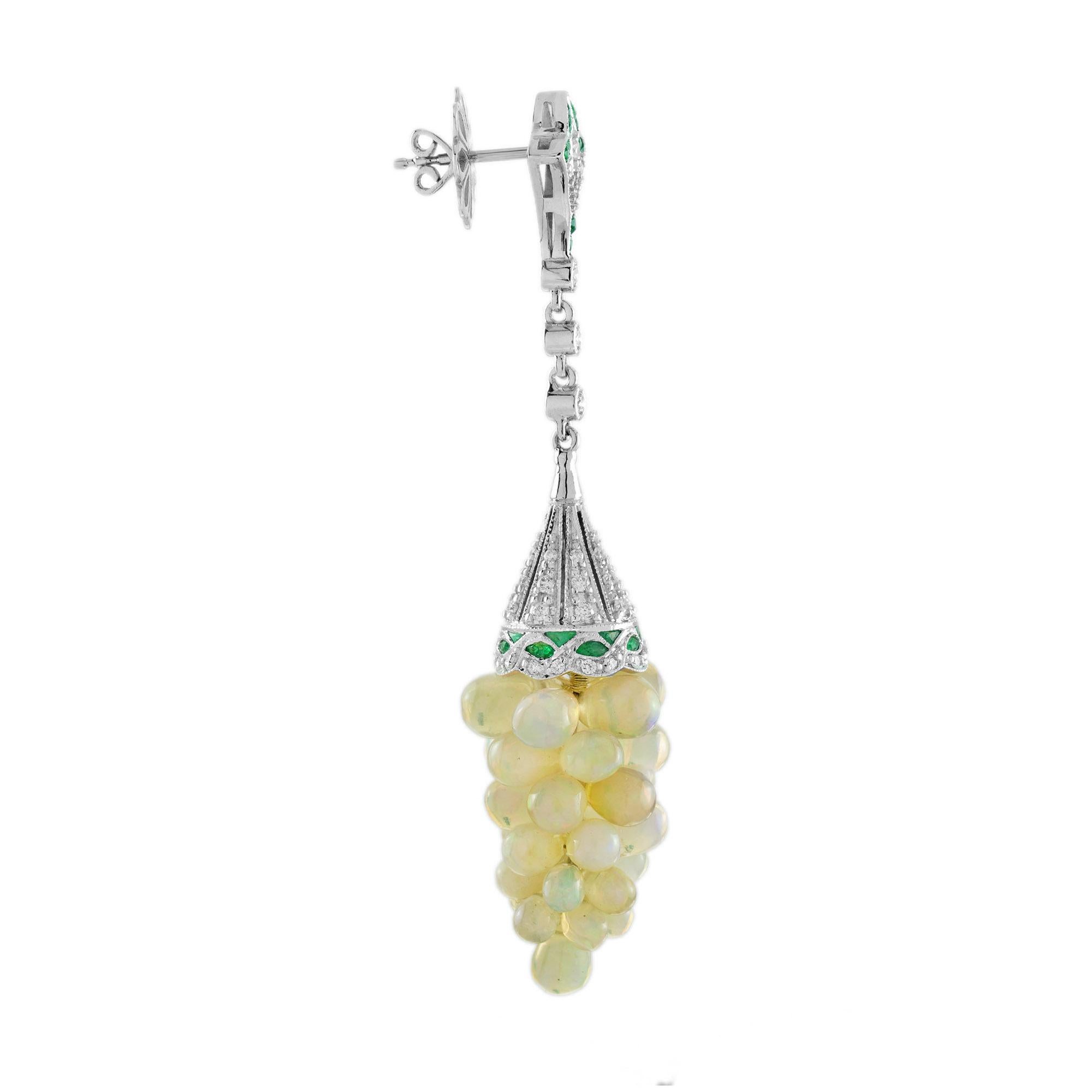Art Deco Opal Grape with Diamond Emerald Vintage Style Drop Earrings in 18K White Gold For Sale