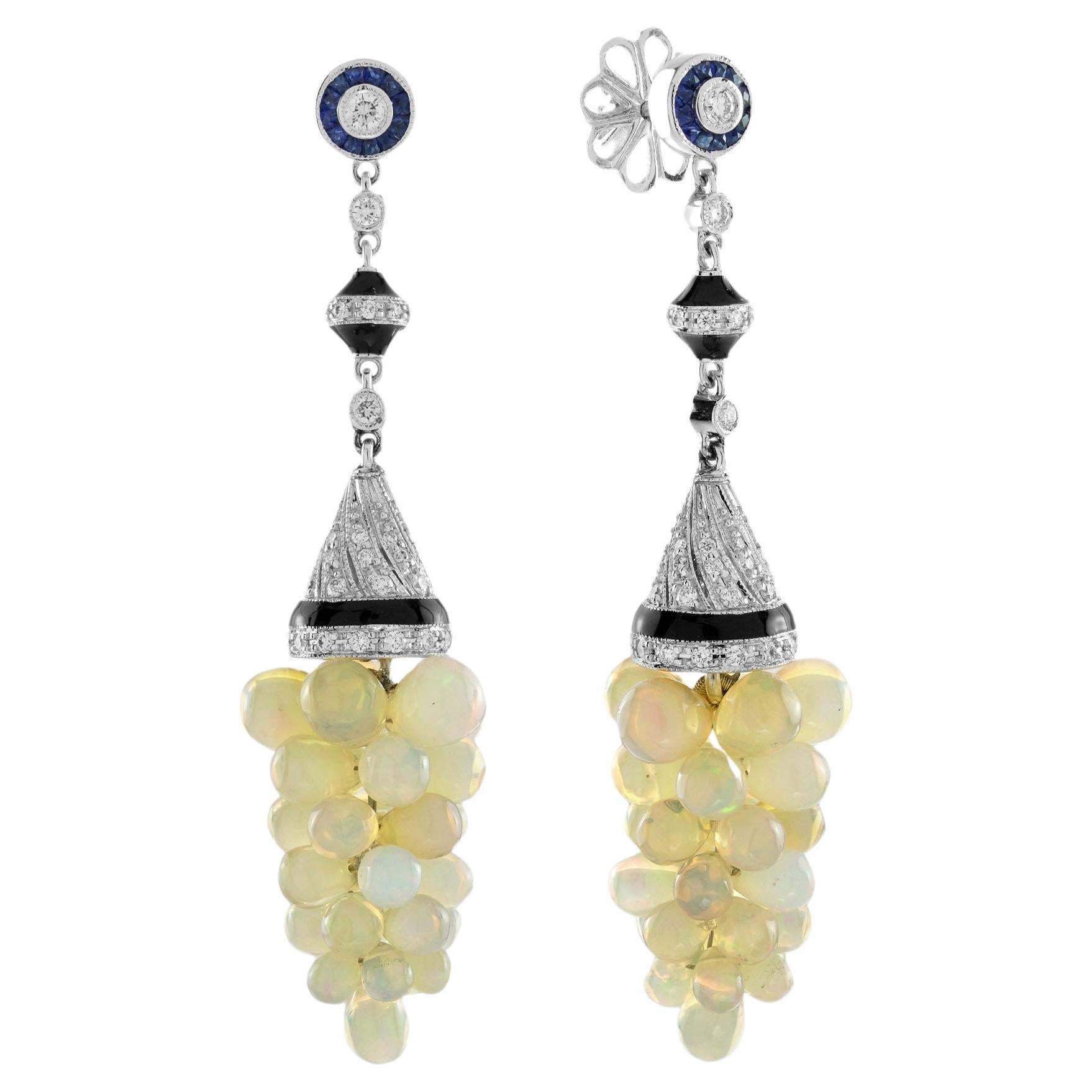 Opal Grape with Diamond Sapphire Enamel Vintage Style Drop Earrings in 18K Gold For Sale