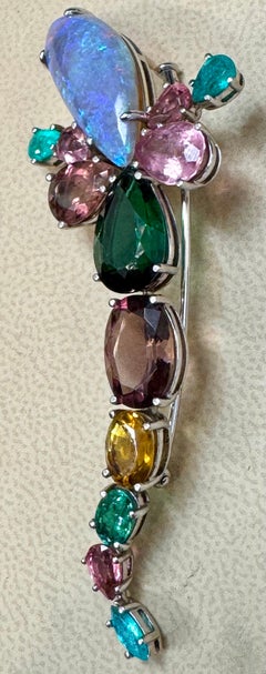 Opal, Green Tourmaline & Multi Color Stone Brooch /Pin 18 Kt Gold 13gm By Medina